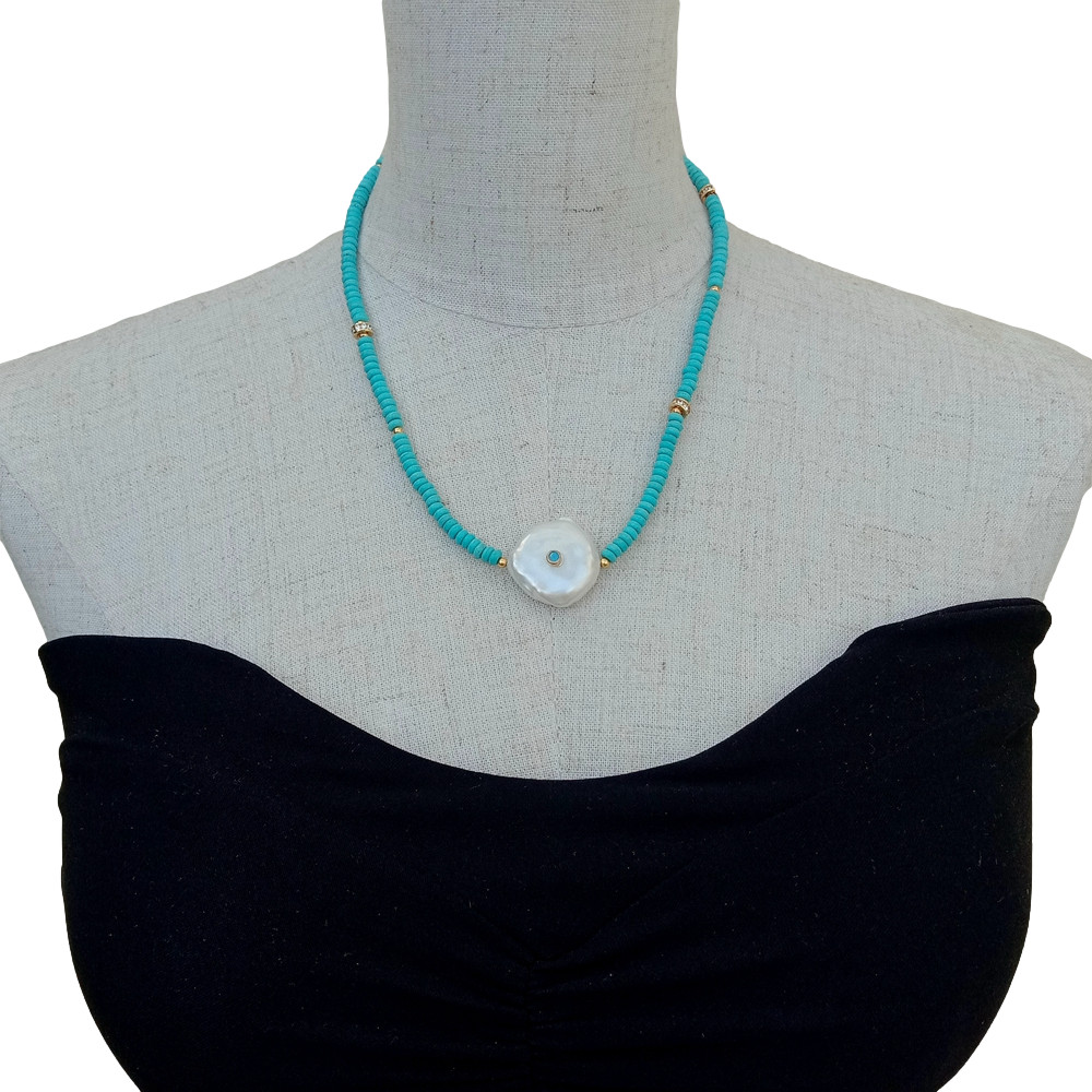 5mm Blue Turquoise Cultured White Coin Pearl Necklace Unique Choker Necklace