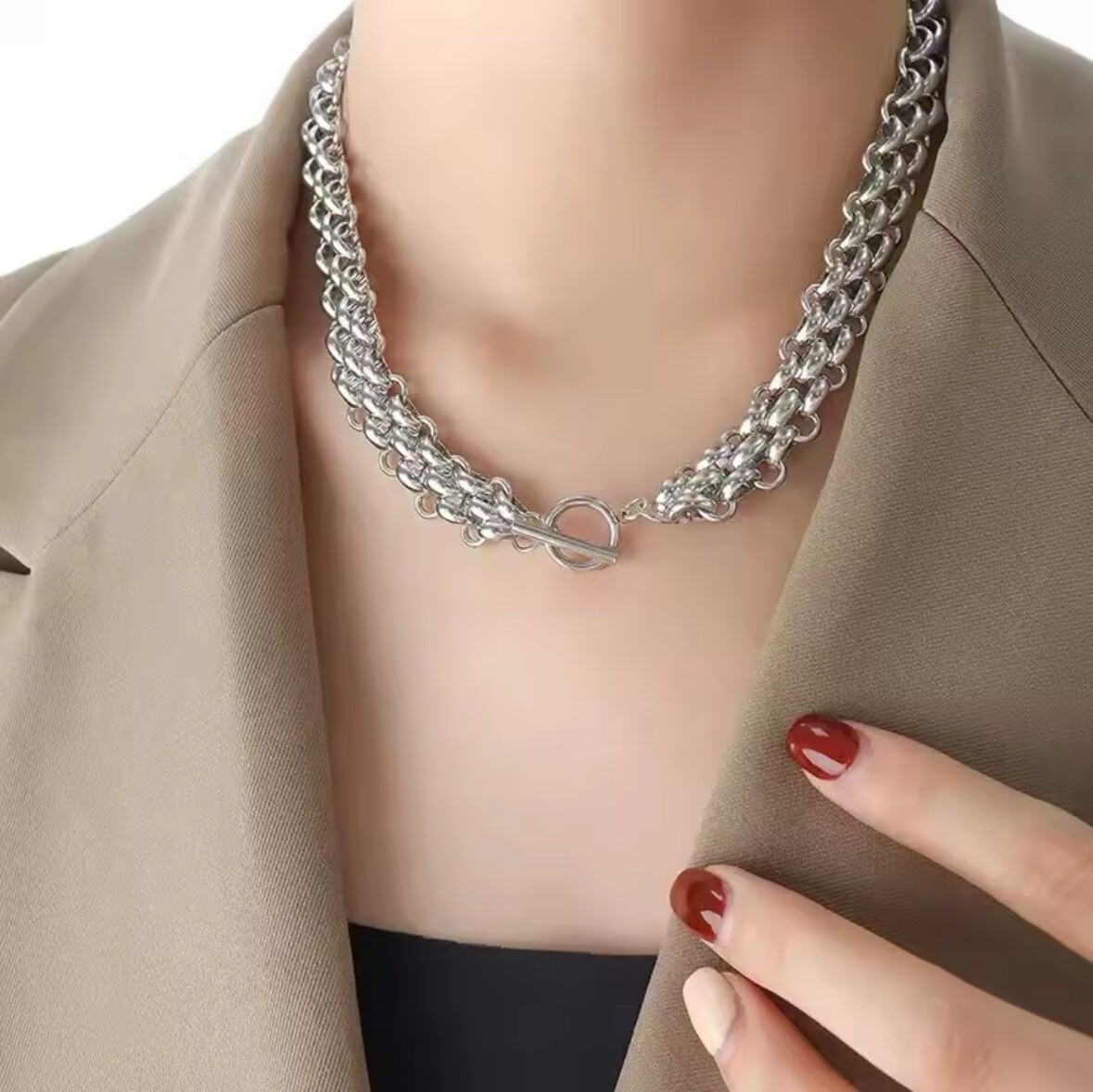 Fashion Jewelry Thick Stainless Steel Silver Link Pendant Necklace 606