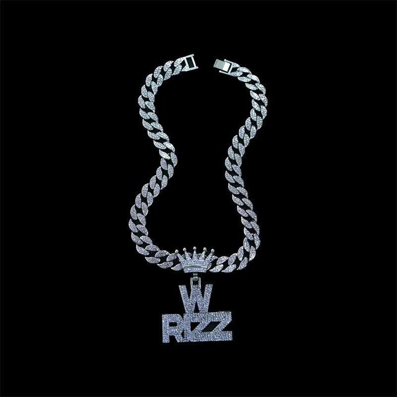 Iced W Rizz Crown Pendant Necklace CZ Bling Hip Hop Miami Cuban Link Chain Mens