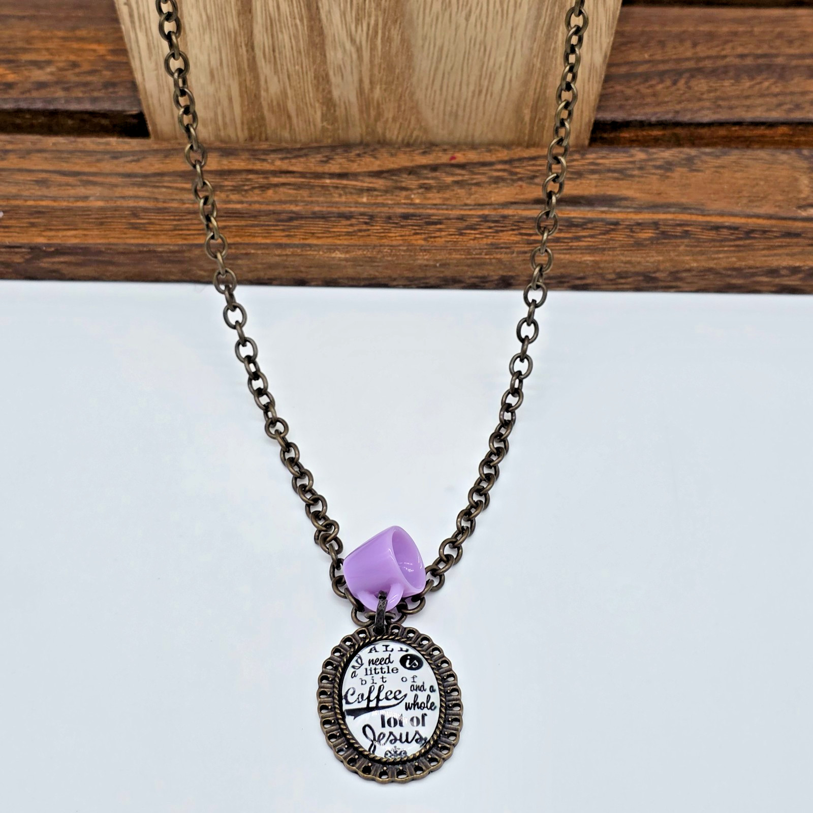 Plunder Bronze Coffee & Jesus Quote Necklace Oval Pendant Purple Mug Charm 32”