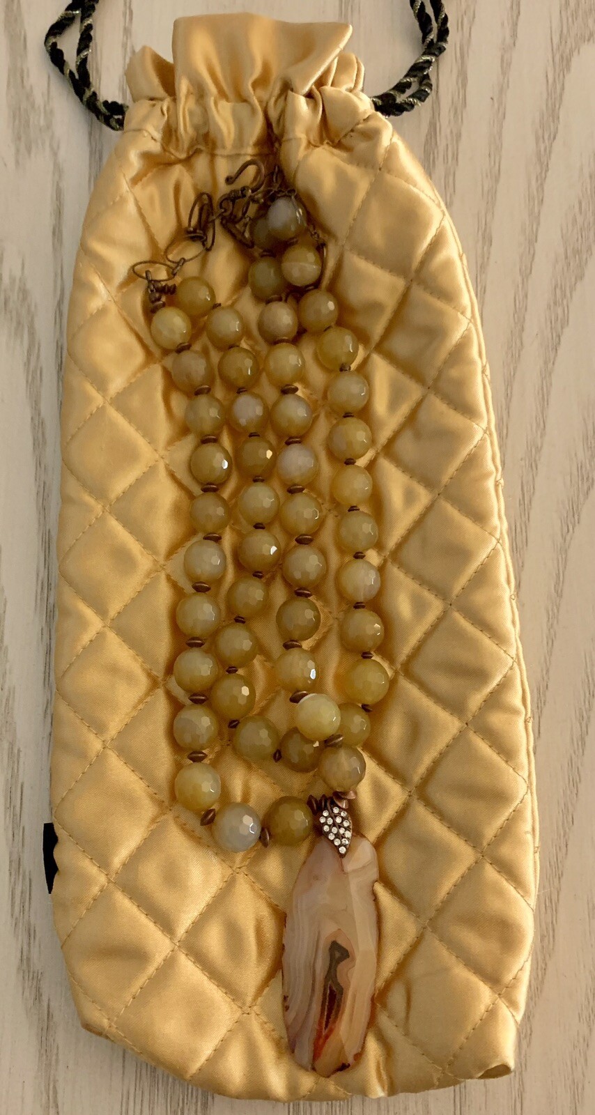 Artisan Made Agate Pendant Chunky Necklace With Hand Knotted Beads Golds Browns