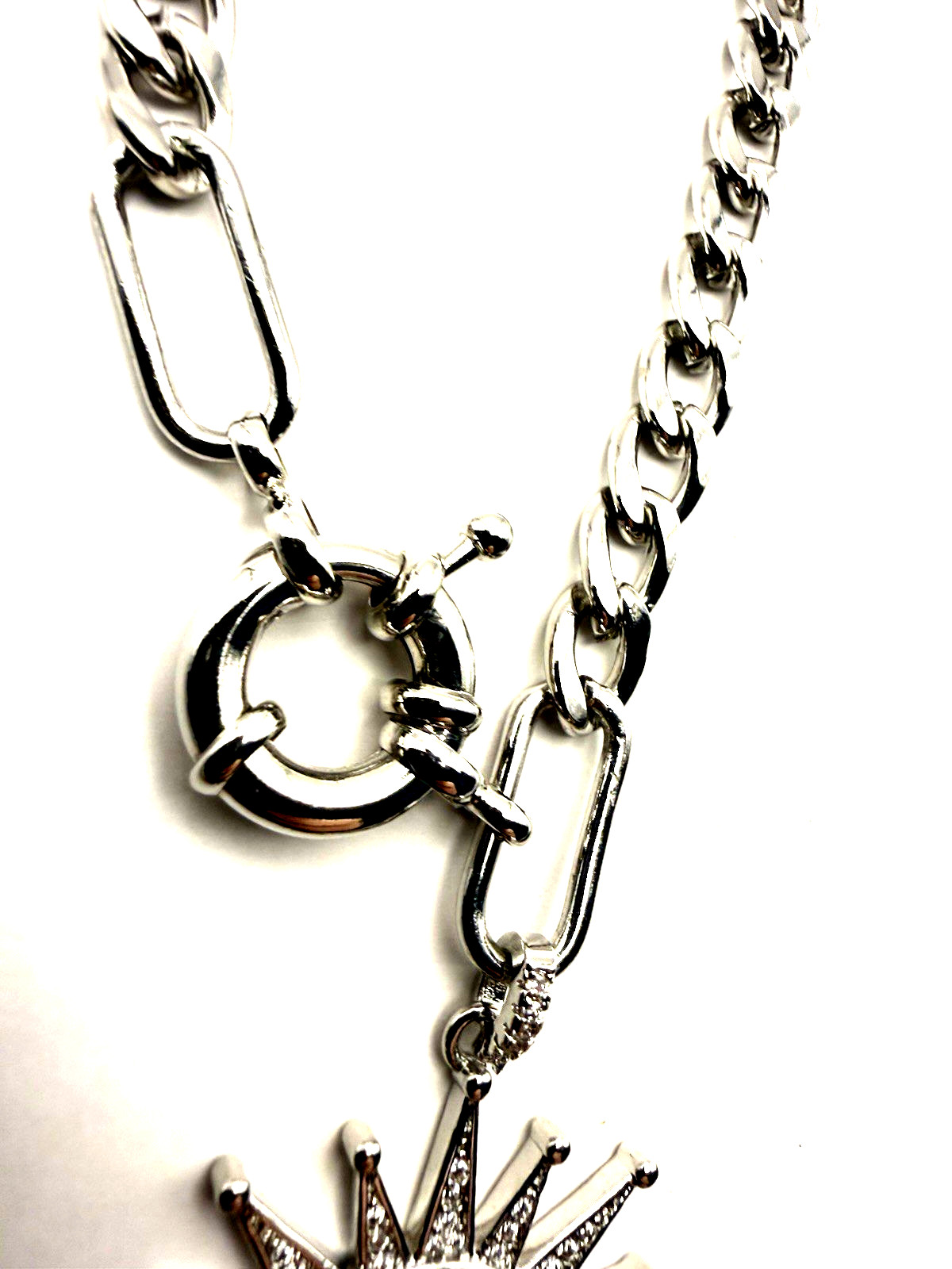 MELANIA CLARA 17″ Silver Tone Crystal Sunburst Pendant Front Clasp Necklace