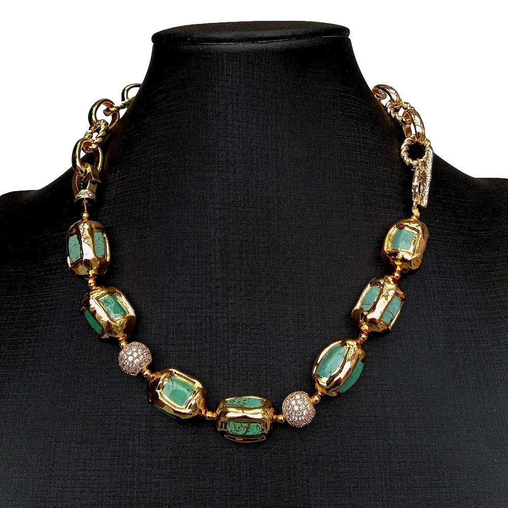 Turquoise Electroplated Edge Cz Pave Beads Gold Plated Chain Choker Necklace