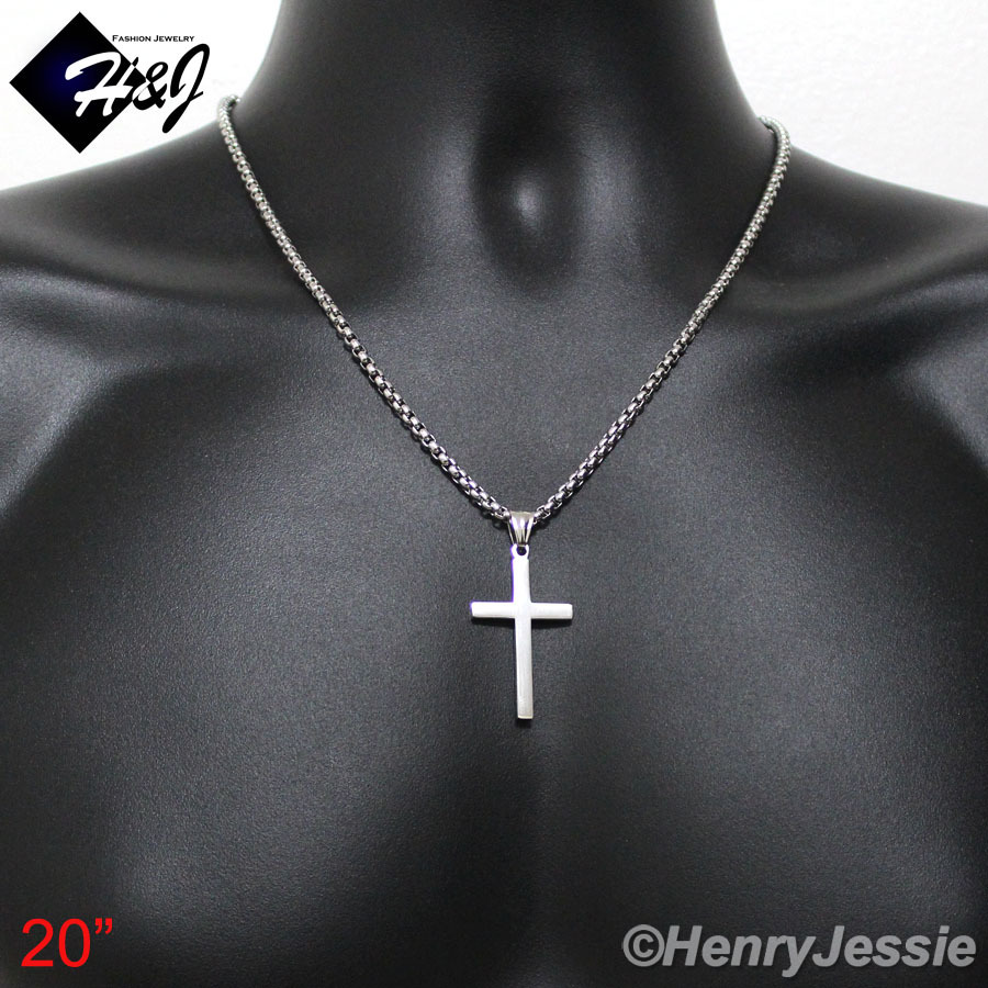 16-36″MEN Stainless Steel 2/3/4mm Silver Smooth Box Link Chain Cross Pendant*SP