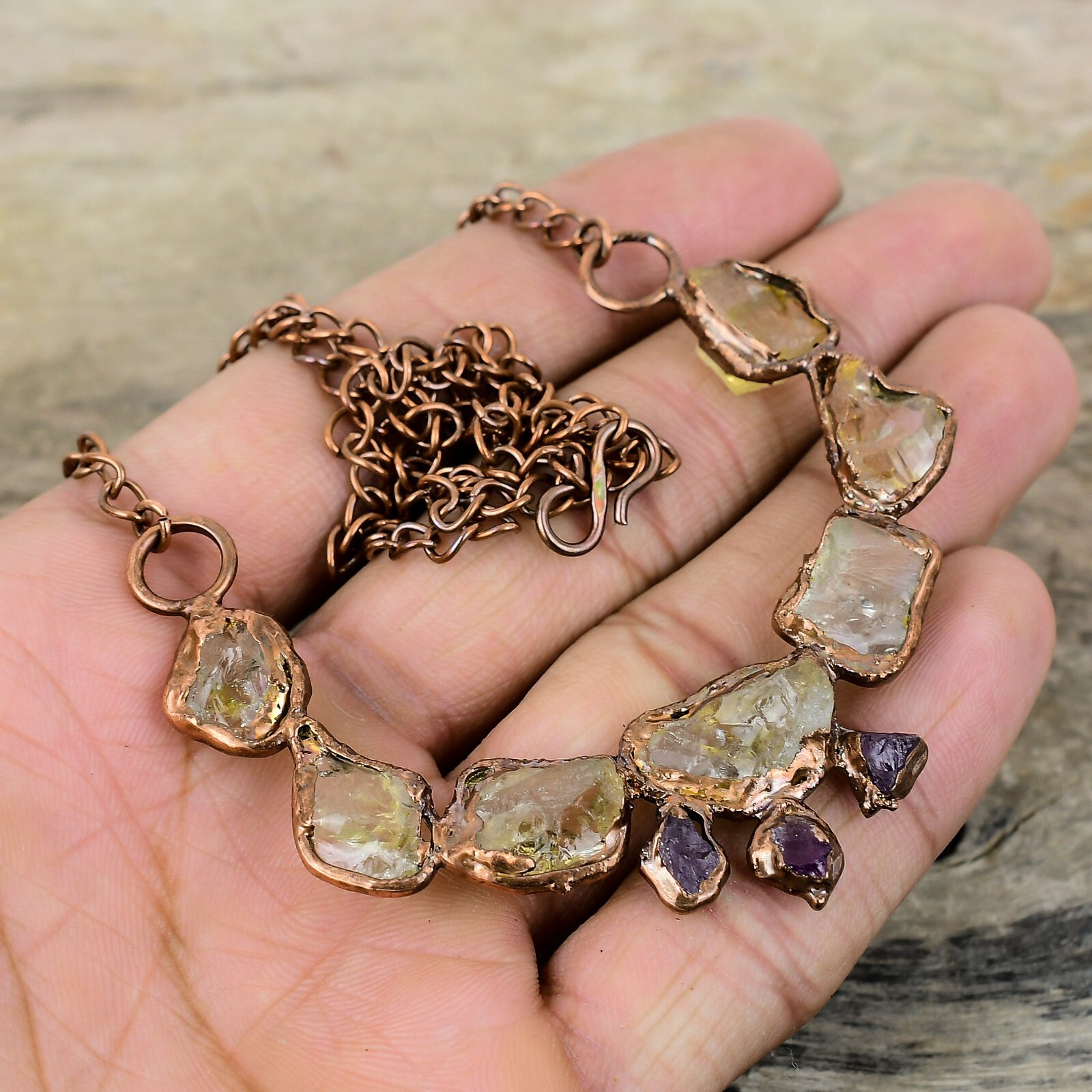 Citrine Rough Copper Gift For Love Electroformed Chain Adjustable Necklace 18.0″