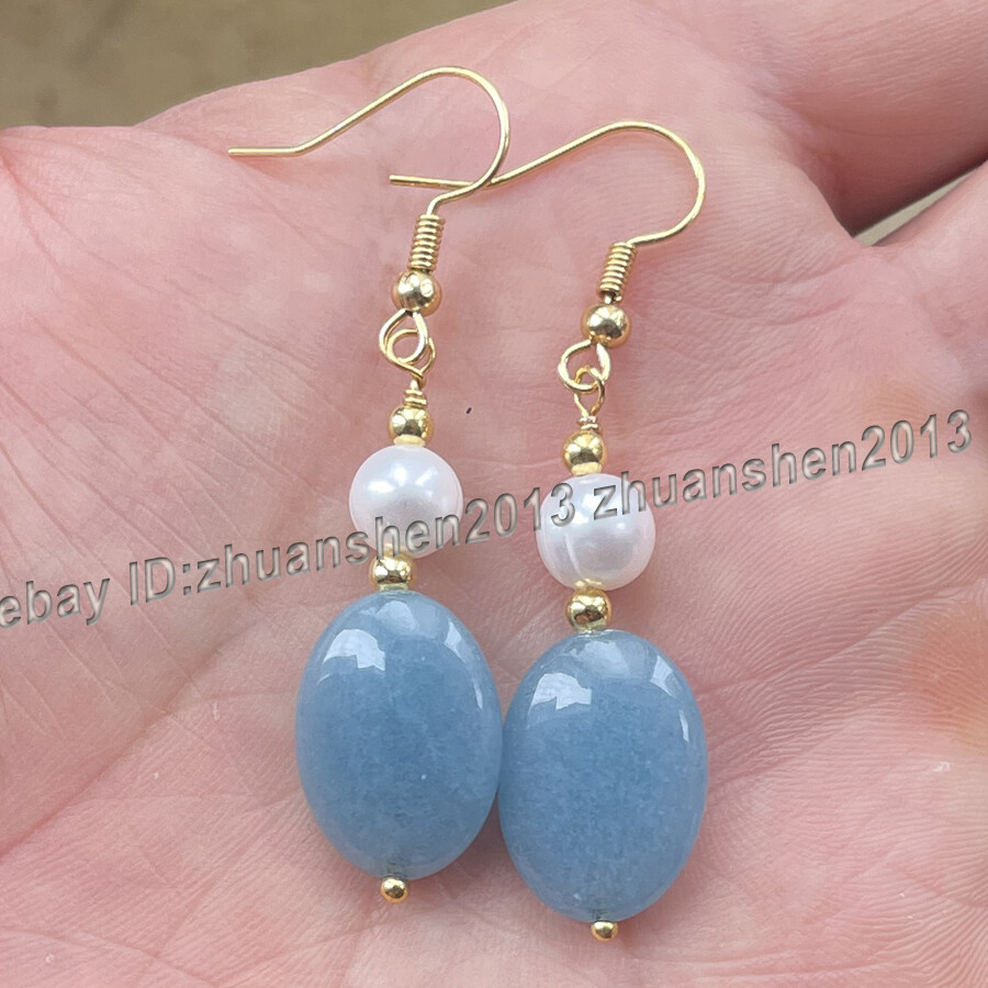 13x18mm Oval Blue Aquamarine Gems White Pearl Hook Earrings+ Necklace Set 14-28″