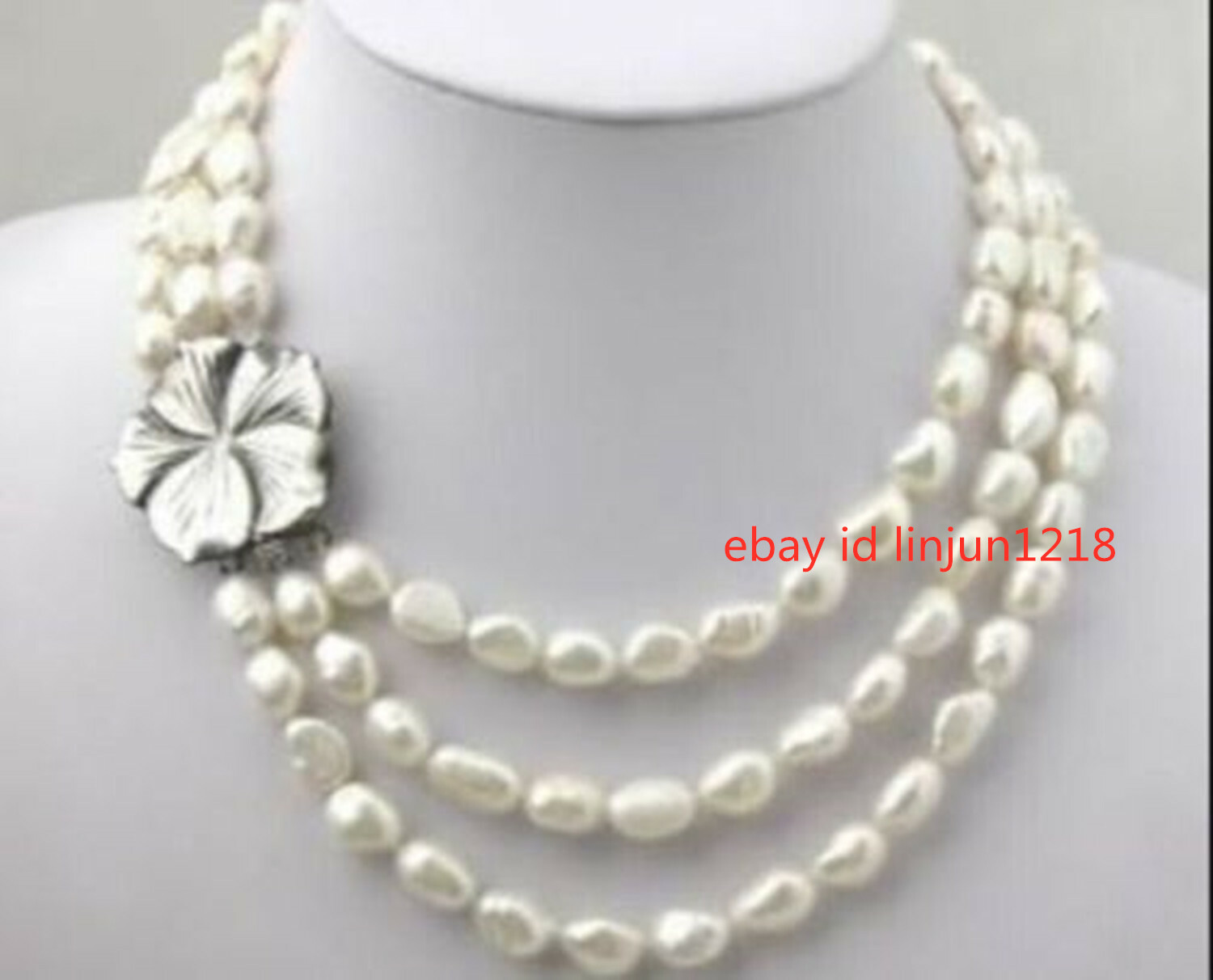 3 Rows 8-9mm Natural White Baroque Pearl Beads Necklace 18-20”