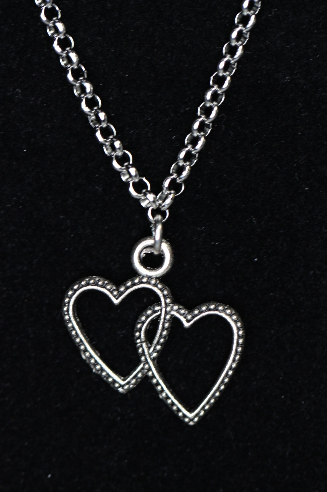 Hearts Necklace Silver Pewter Charm 1″ Pendant 3mm Stainless Chain 18″ Joined