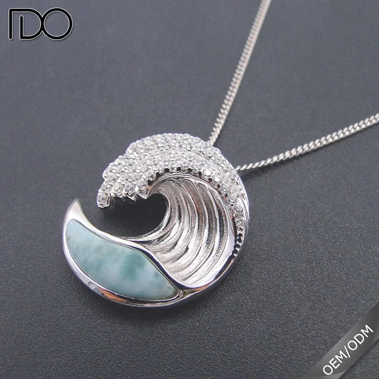 100% 925 Sterling Silver Ocean Sealife Wave Larimar Pendant Necklace Natual
