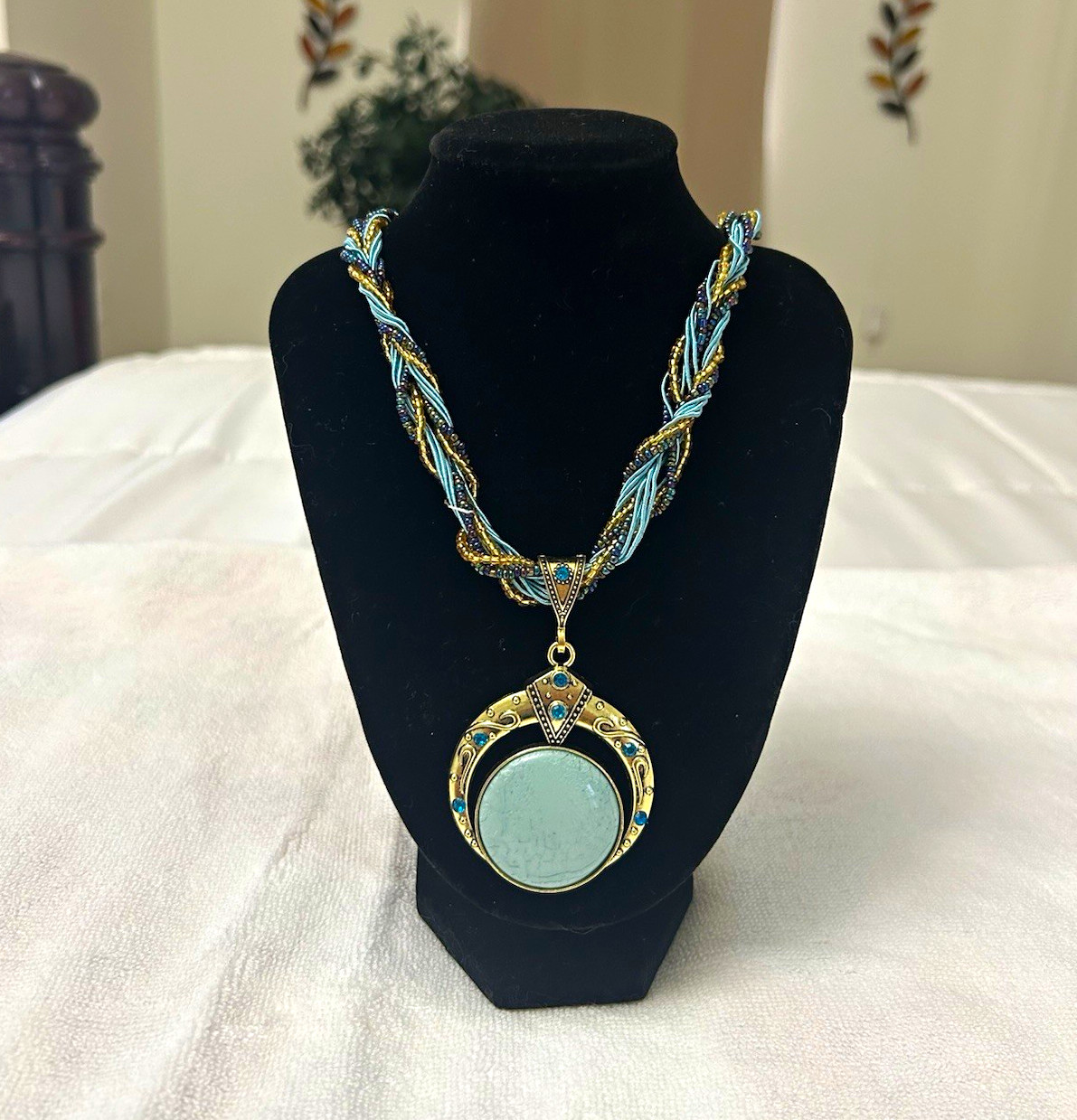 Boho Blue & Gold Tone Braided Chain Round Charm Pendant Necklace Lobster Adjust