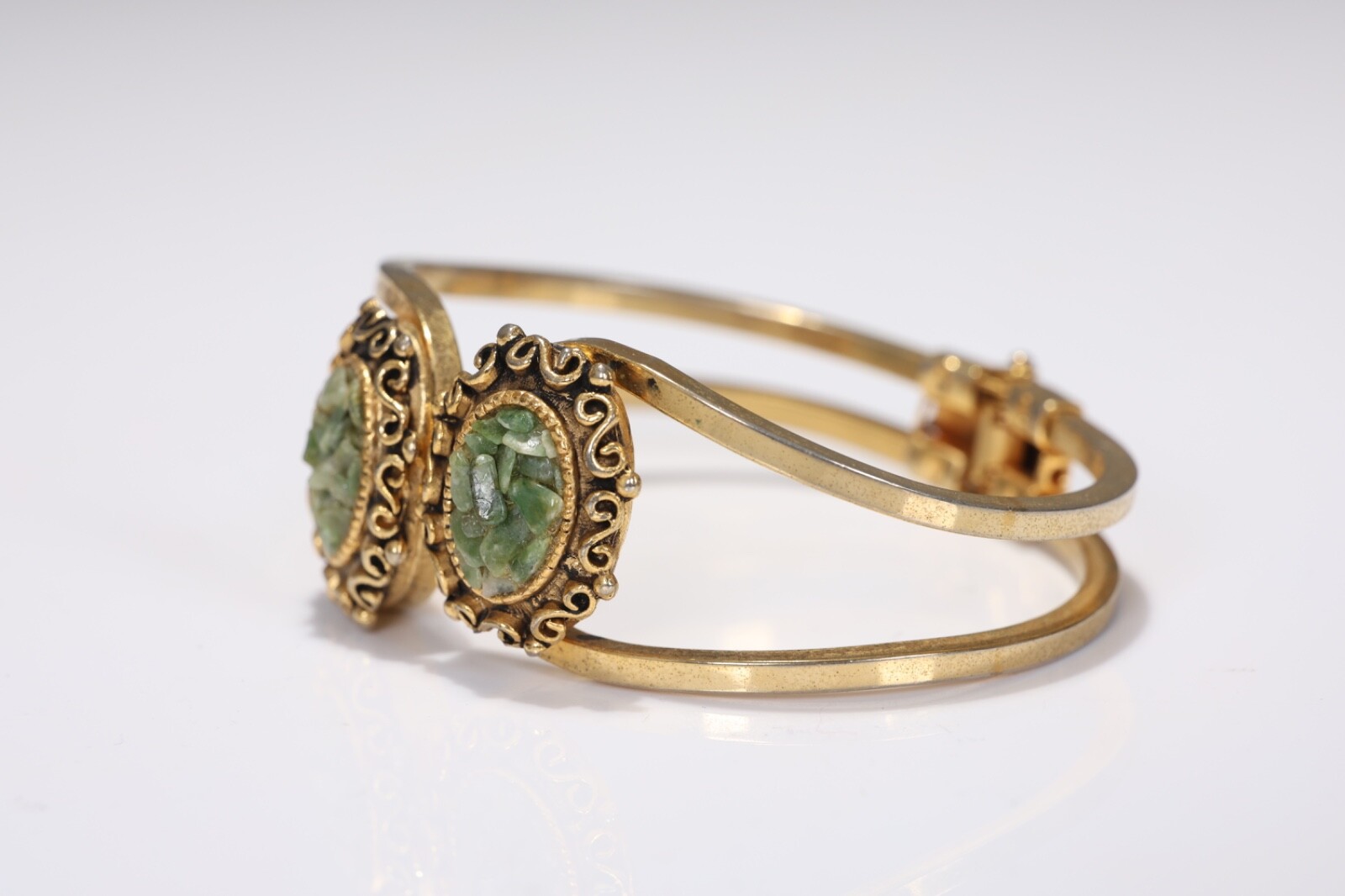 Vintage Jade Flower Gold Tone Clamper Cuff Bracelet