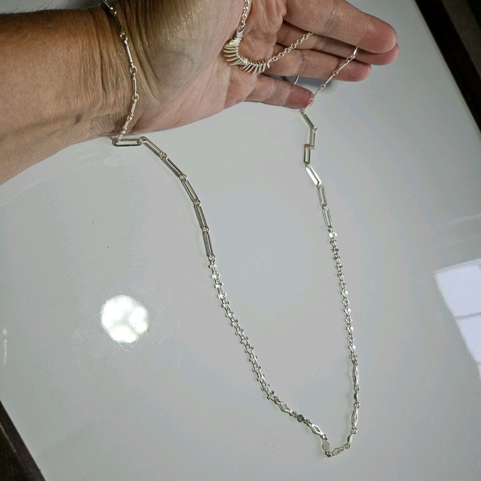 Silver Tone Long Short Layered Necklace 15/32 To 18/35″