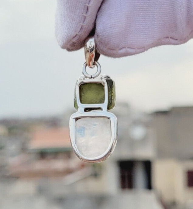 Moldavite & Rainbow Moonstone 925 Silver Pendant Handmade Multi Stones Pendant