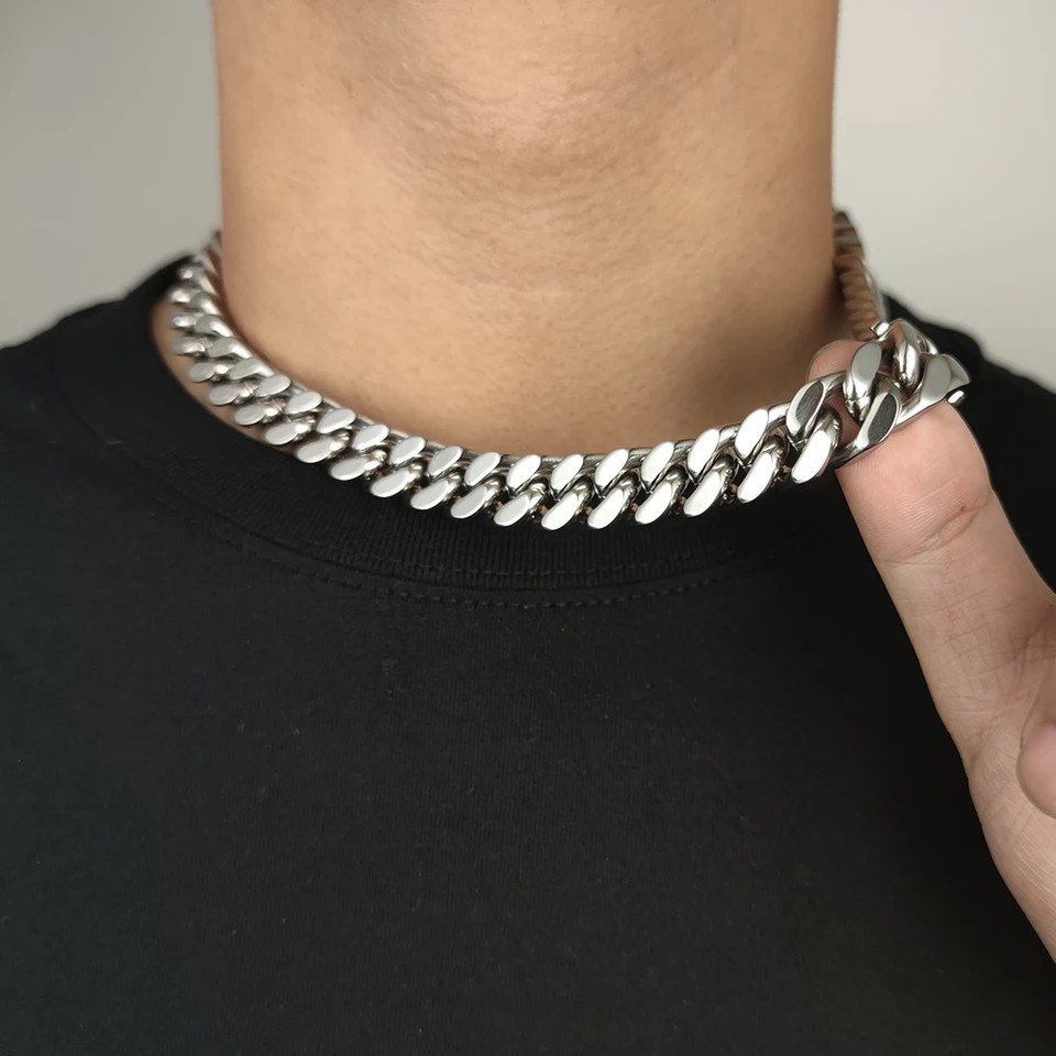 Cuban Link Chain Necklace Stainless Steel Flat Curb Wide Heavy Link Jewelry