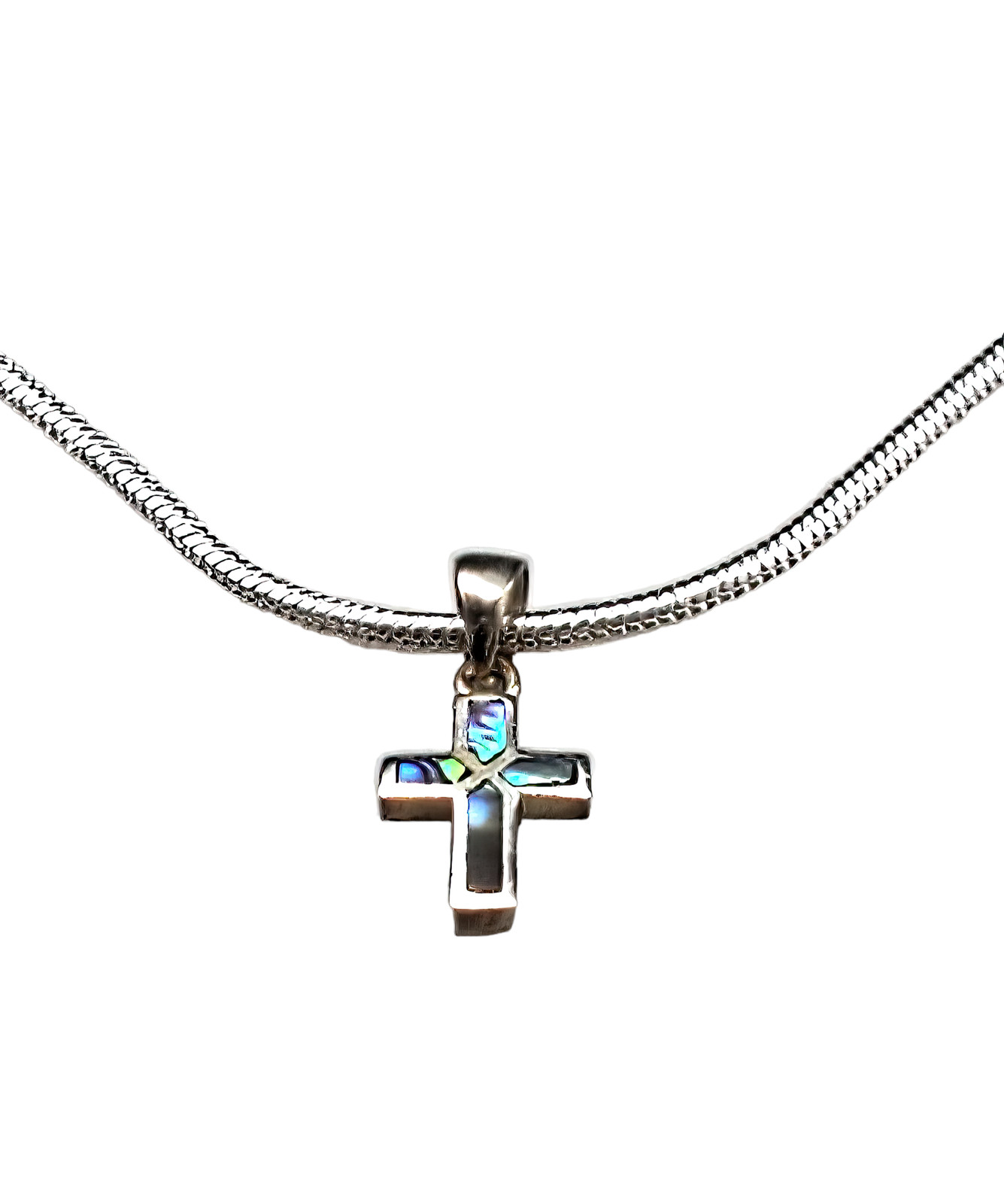 Abalone Cross on 925 Tagged Sterling Silver Plated 2mm Snake Chain