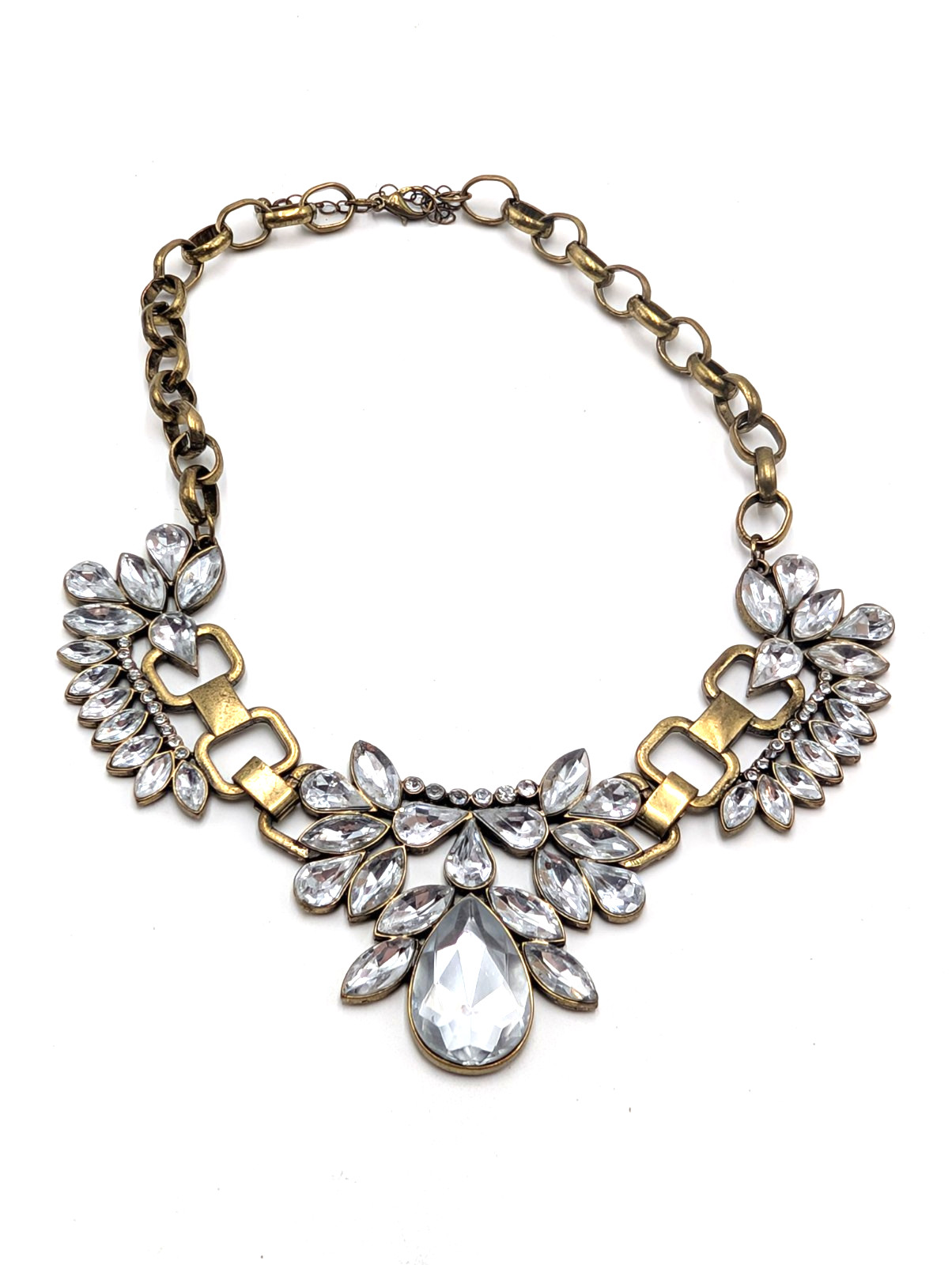 Antique Bronze Tone With Big Colorless Rhinestone Statement Necklace