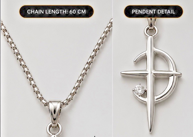 PREMIUM Christian MOON Cross Necklace Crystal Pendant 60cm Chain Stainless Steel