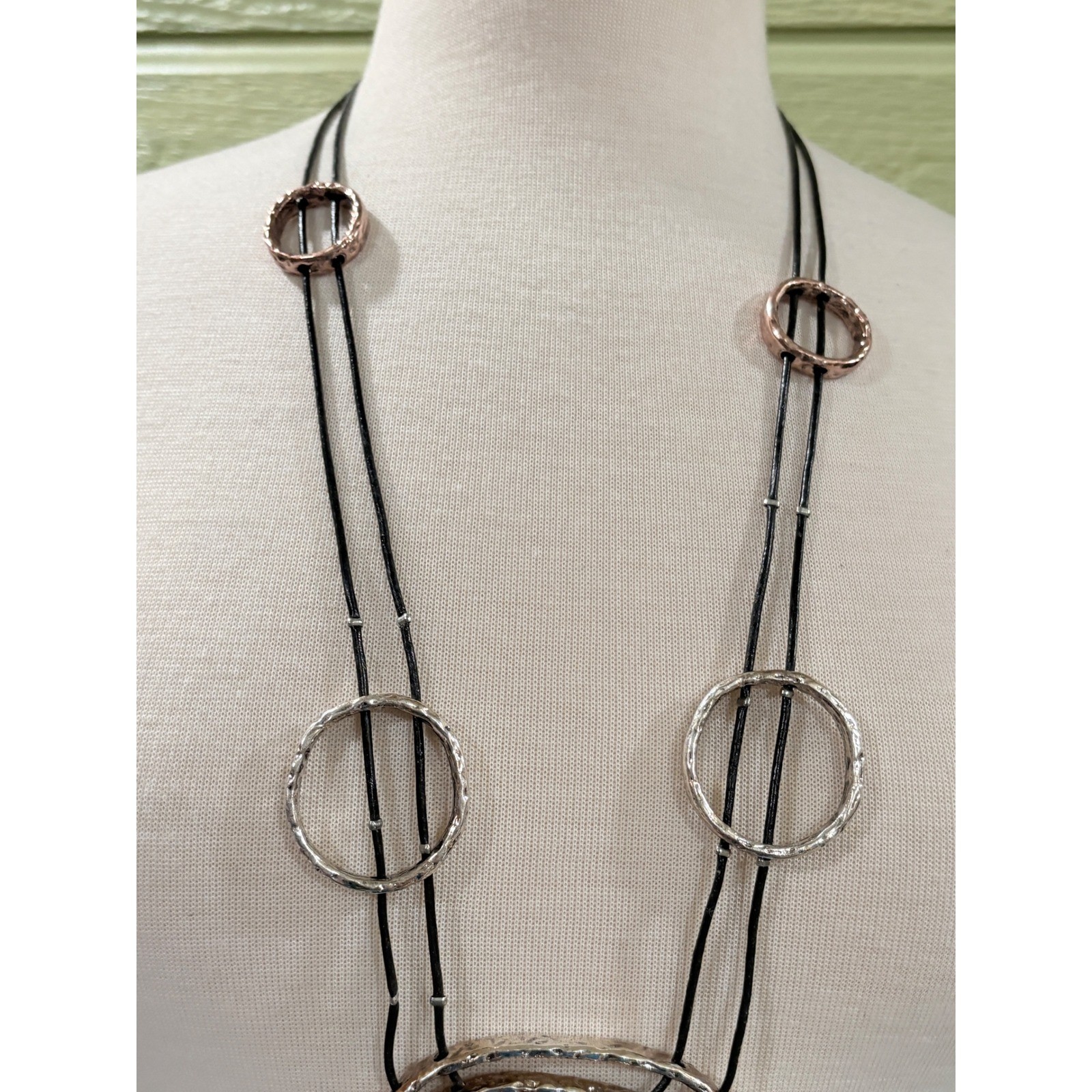 Mixed Metal Hammered Geometric Statement Necklace Silver Copper Tone Black Cord