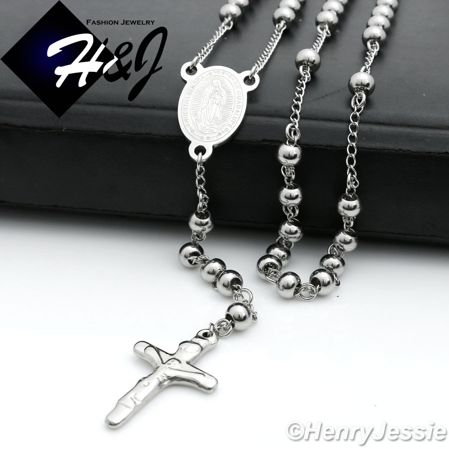 26+5″MEN Stainless Steel 6mm Silver Beads Virgin Mary Cross Rosary Necklace*RN11