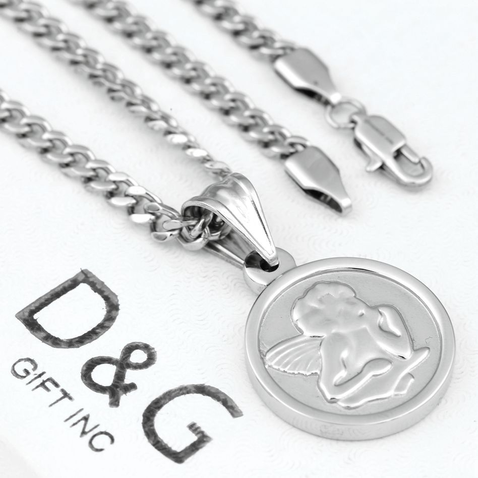 DG Men’s 20″ Cuban Curb Chain,ANGEL Pendant Stainless Steel High Polish +Box