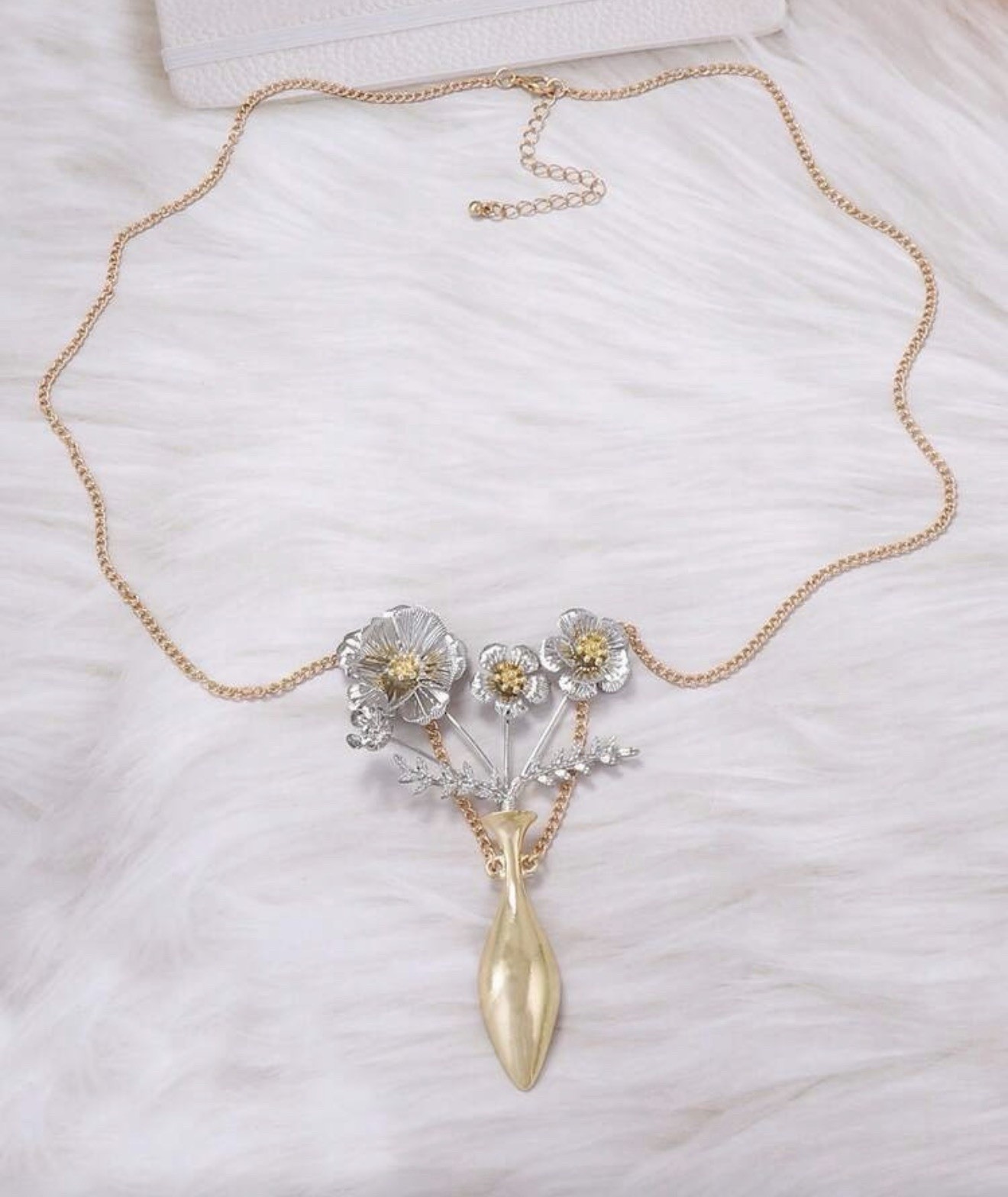 Flower Vase Gold & Silver Necklace Oversized Botanical Long Boho Jewelry NEW