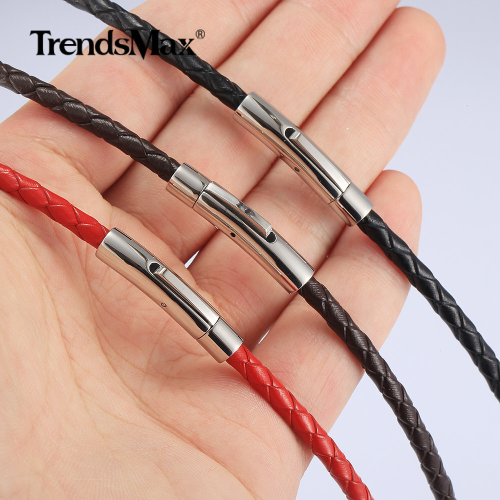 4MM Man-made Braided Leather Rope Cord Necklace Stainless Steel Push Lock 16-30″