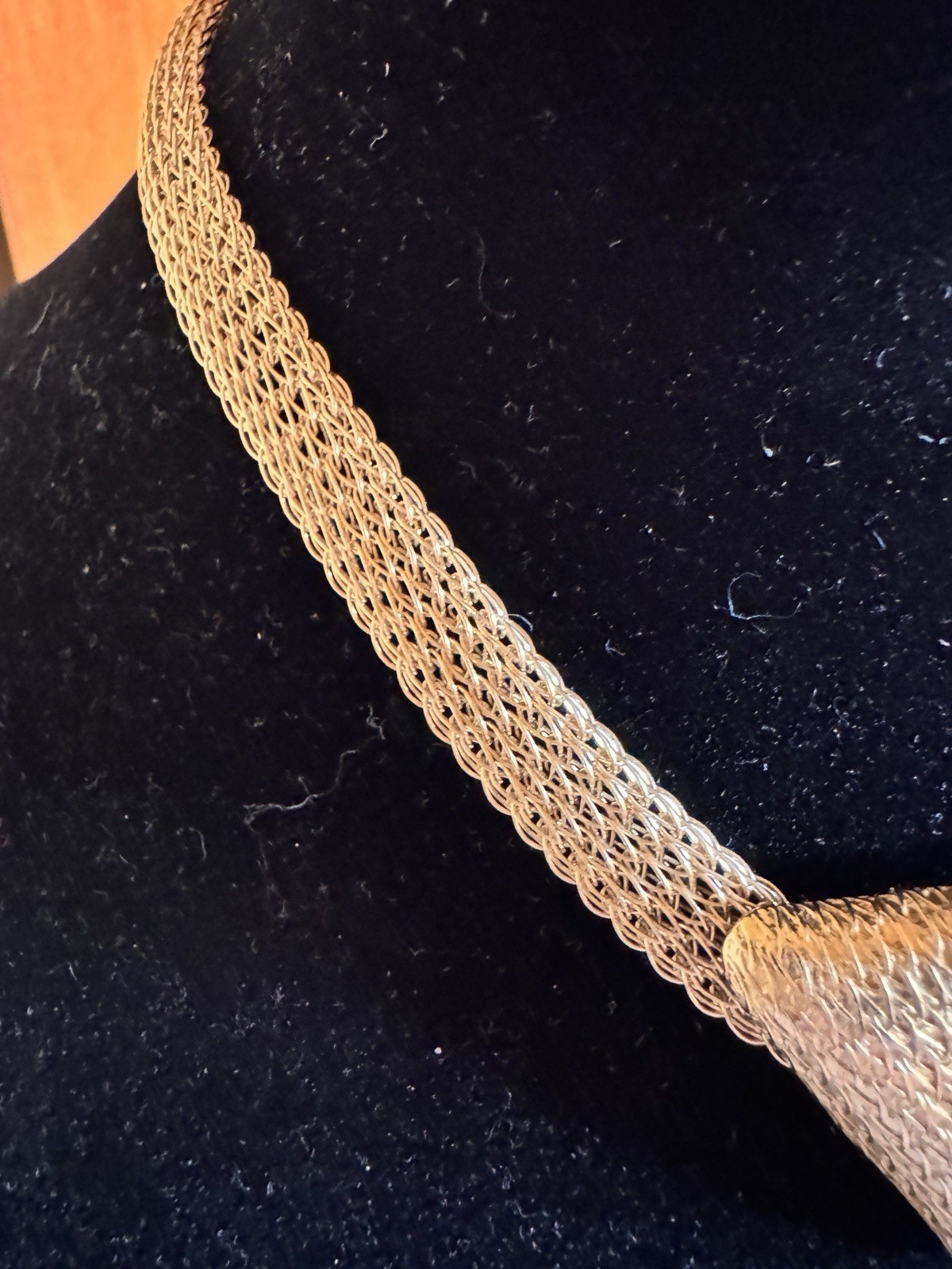 Gold Tone Metal Mesh Chain Choker Necklace with Triangle Front Detail