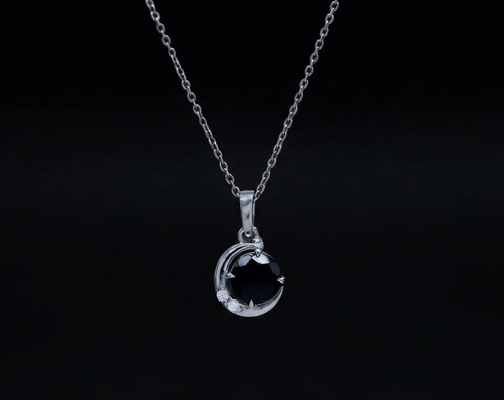 Sterling Silver Black Onyx Crescent Moon Pendant Necklace, Handcrafted Celestial