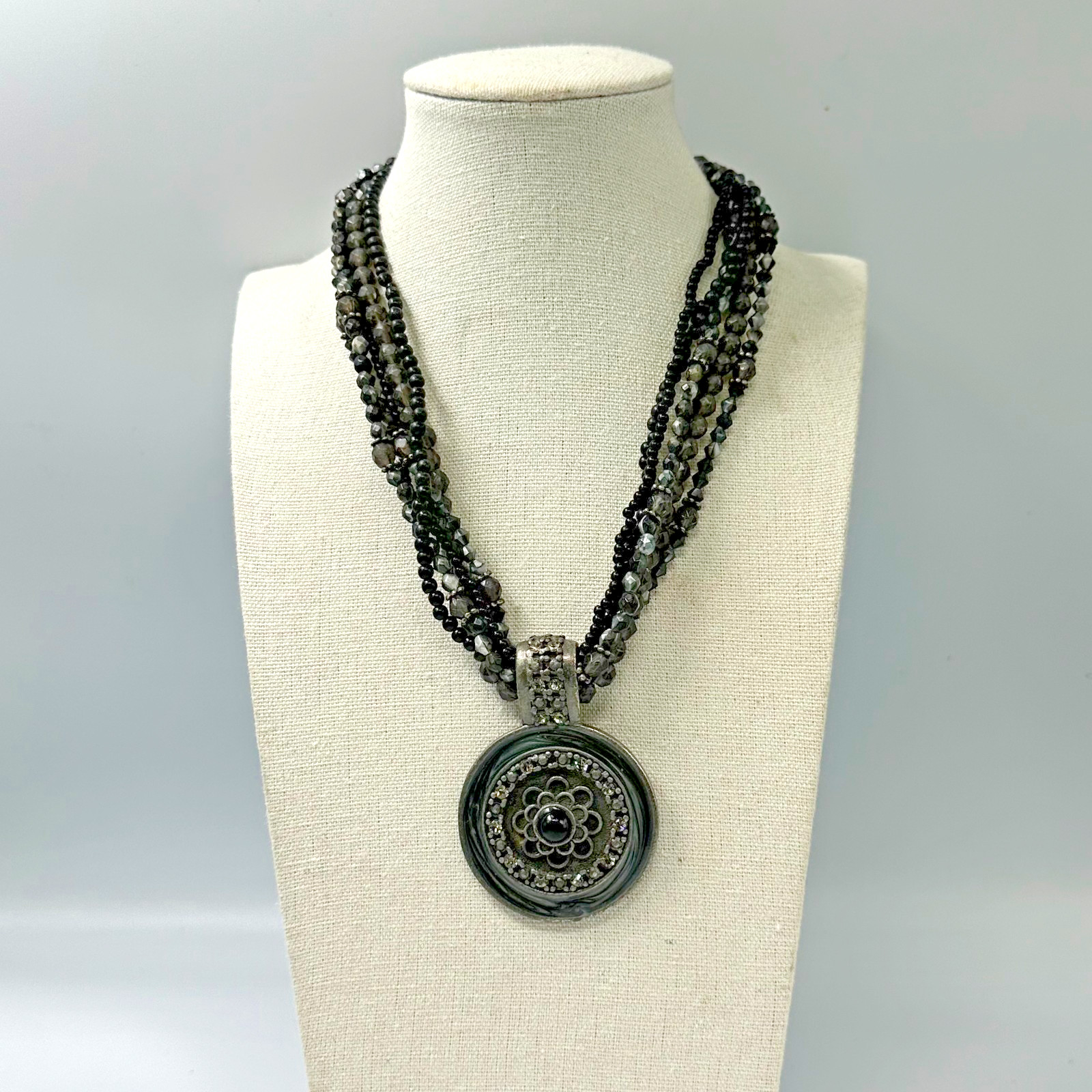 Black Grey Beaded Necklace Round Medallion Multistrand Boho Chic Adjustable