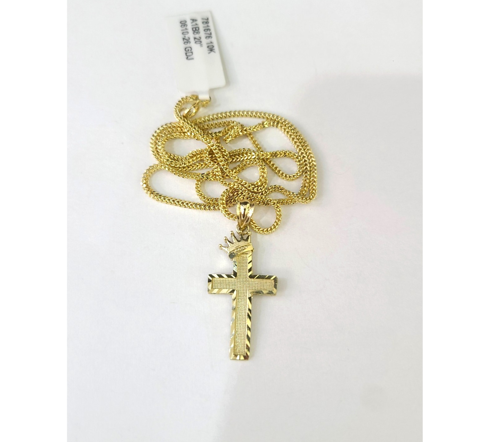 10K Gold Franco Chain 1mm Crown Cross Charm 16″-24″ Necklace Women Men
