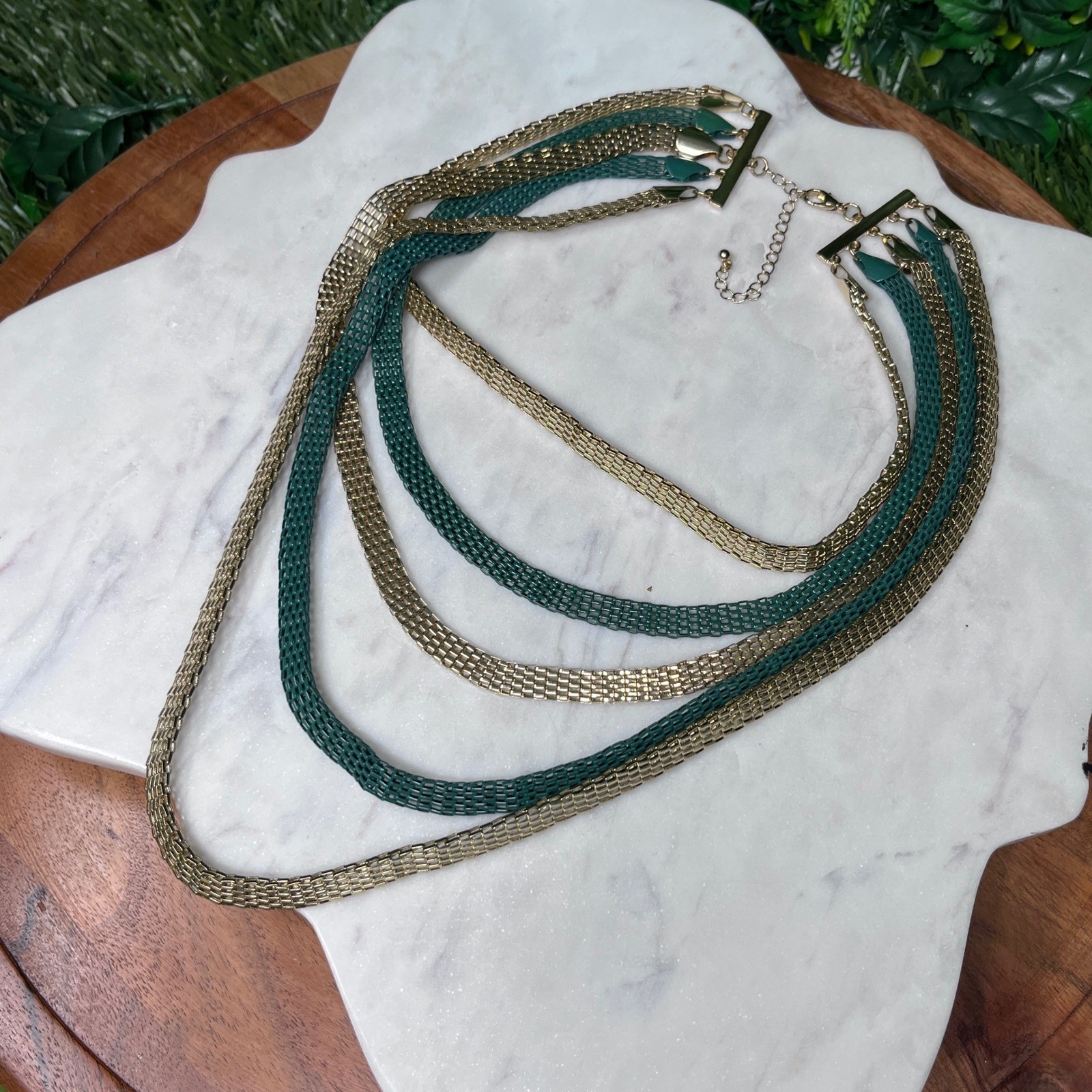 Statement Bib Necklace Multi Strand Mesh Gold Emerald Green Tiered Chain 3817
