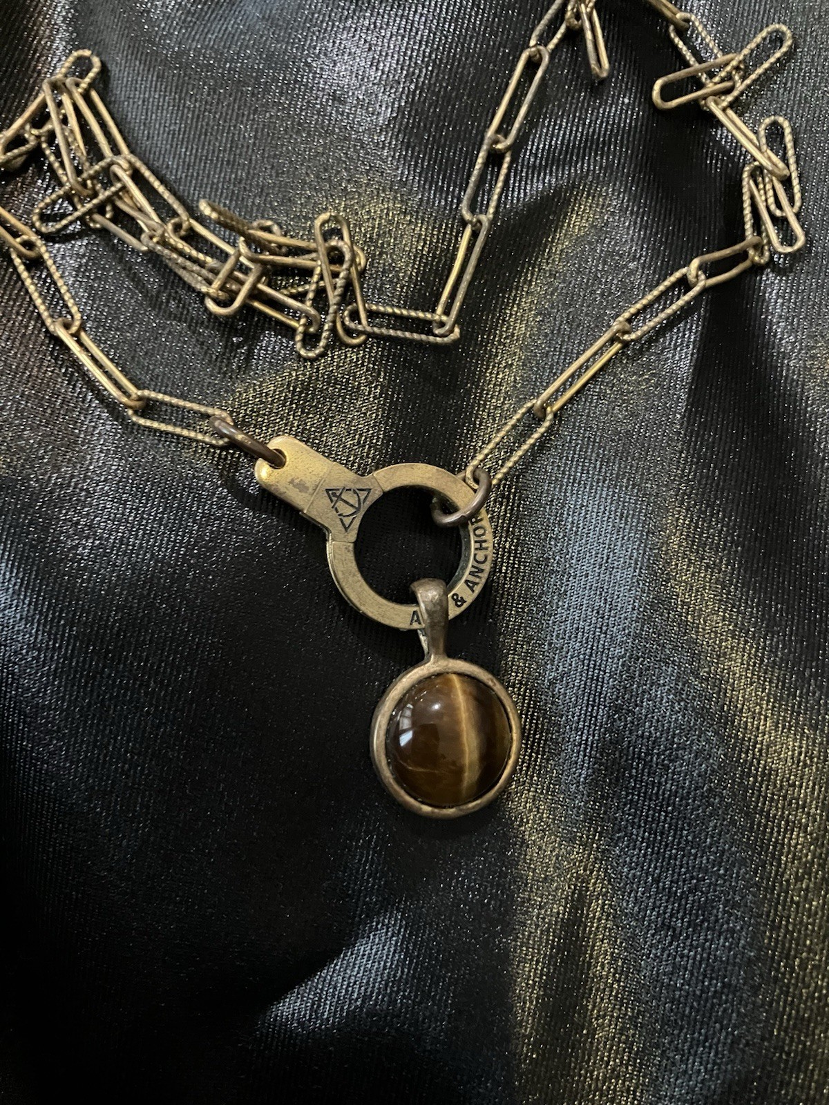 Air & Anchor Brass Paper Clip Cuff Keeper Necklace Tiger Eye Holder Necklace