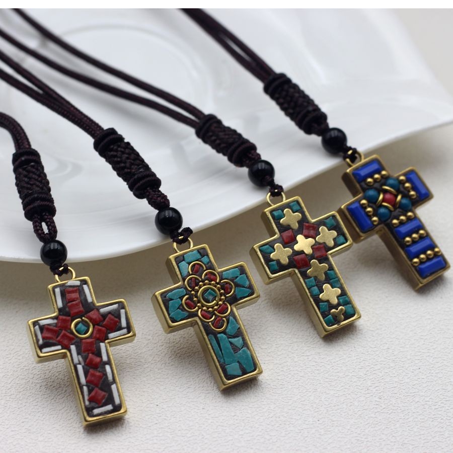 Himalayan Nepal Handmade Brass Cross Pendant Artisan Crafted With Decorative