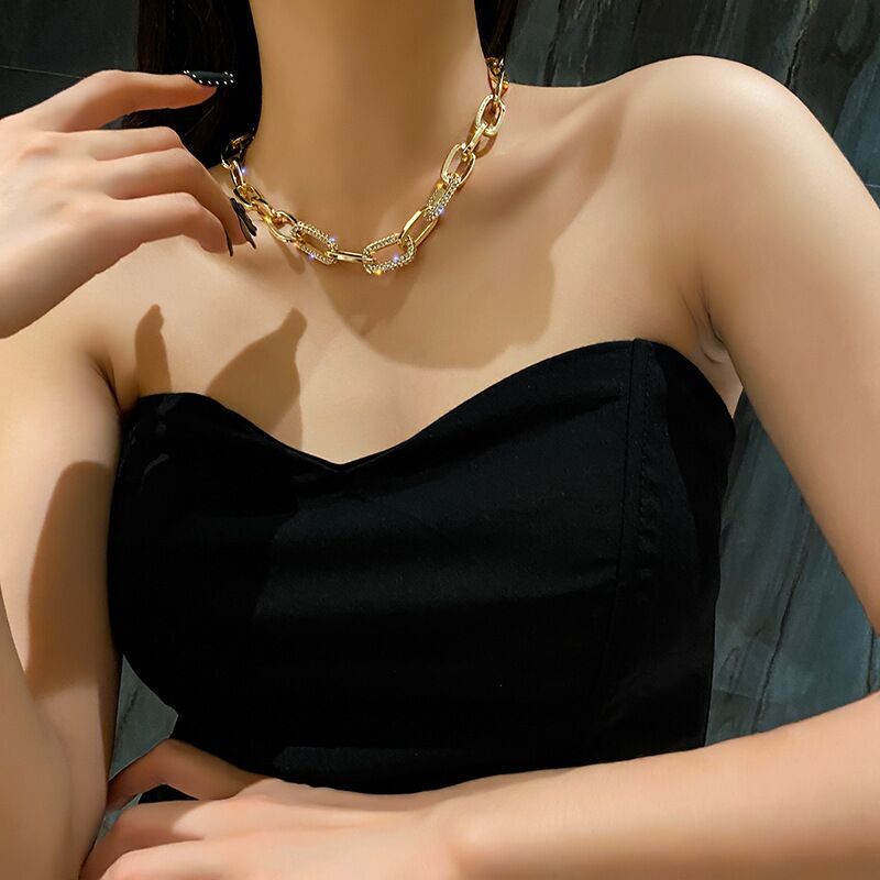 20mm Thick Wide Woman 18K Gold Plated Rolo Link Chain CZ Starry Necklace Choker