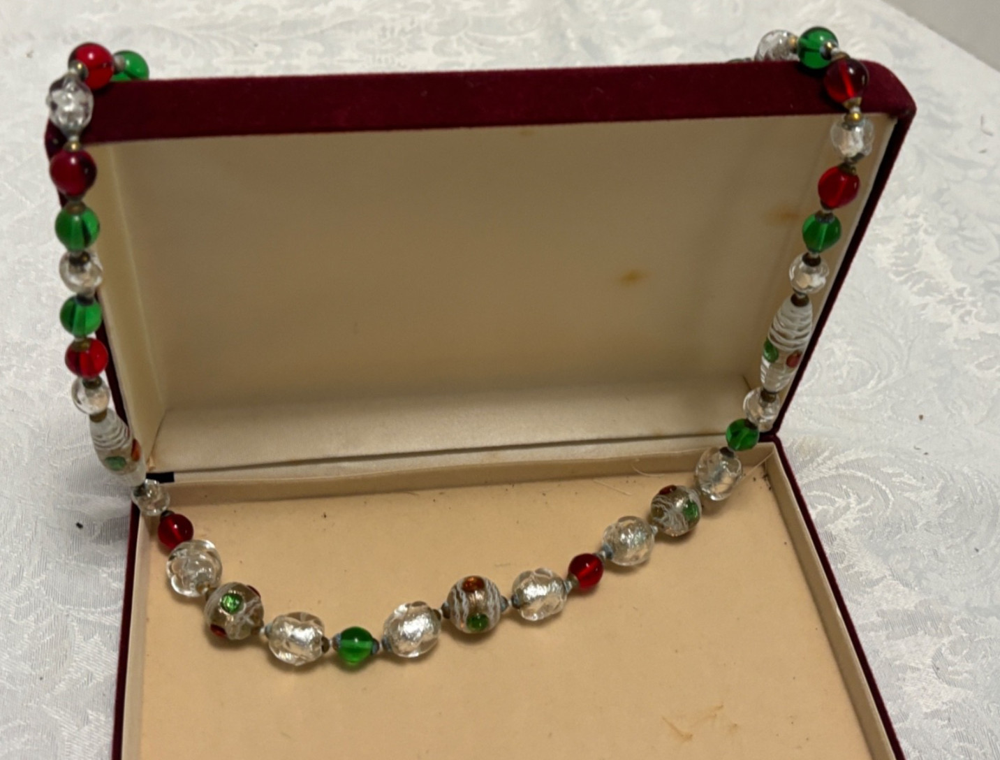 Venetian Glass Beads NECKLACE 30″ White Red Green Silver Handcrafted Italy Boxed