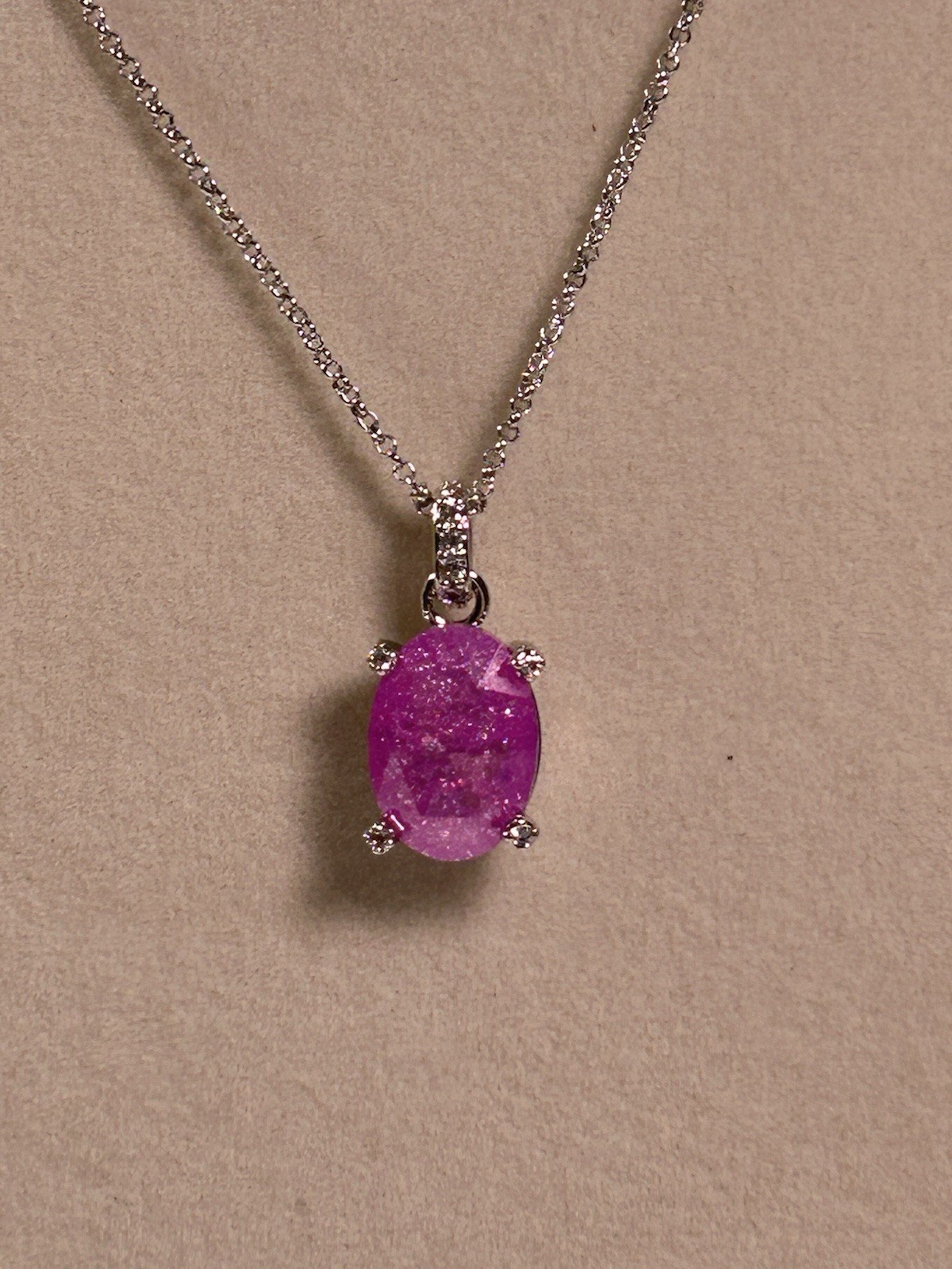 Rhodium Plated Cable Chain Necklace LC Oval Pink Ice Crystal Pendant Adjustable