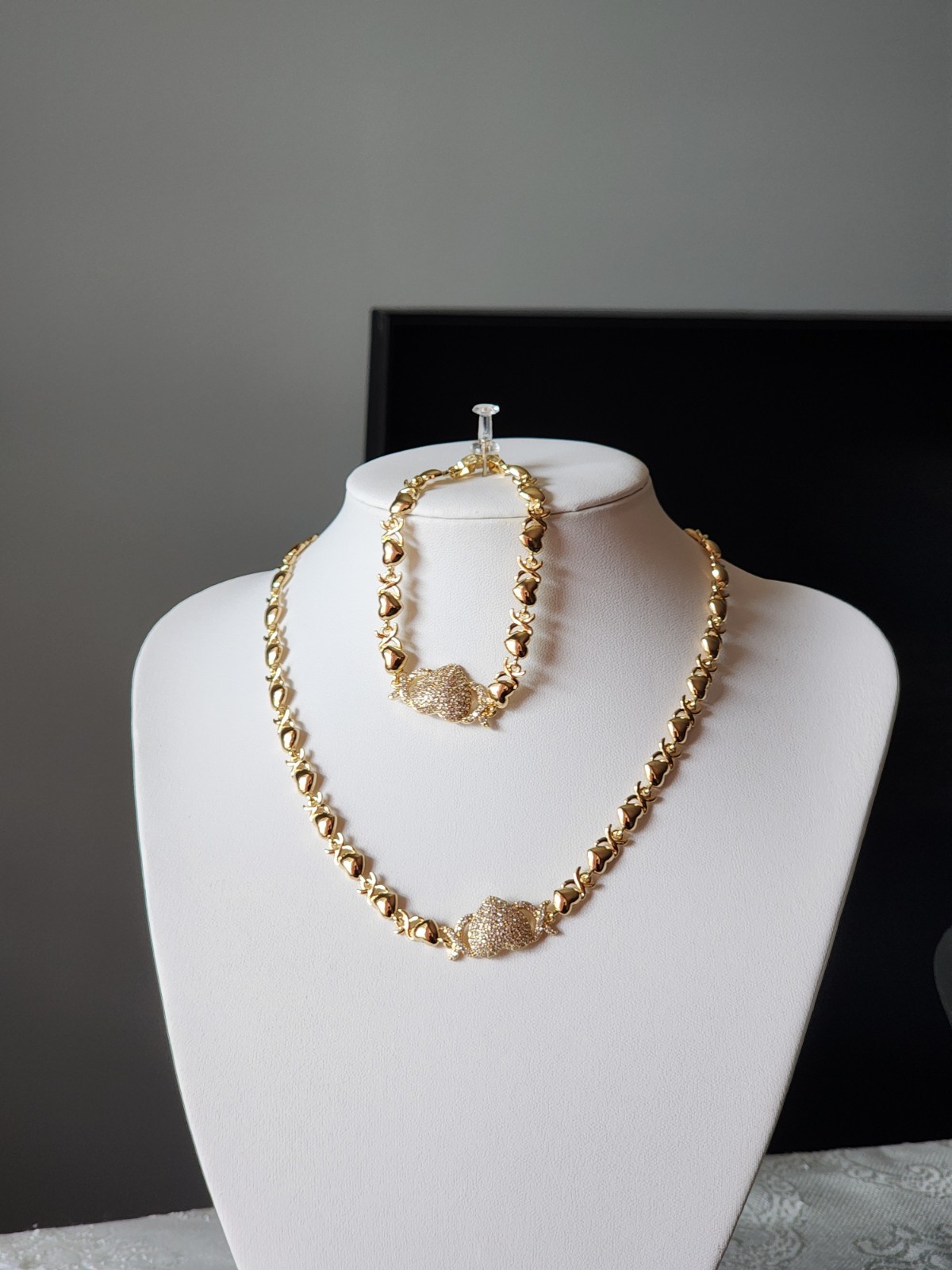Gold Heart Necklace for Women – 14K Gold Plated Necklace and Bracelet With Stone