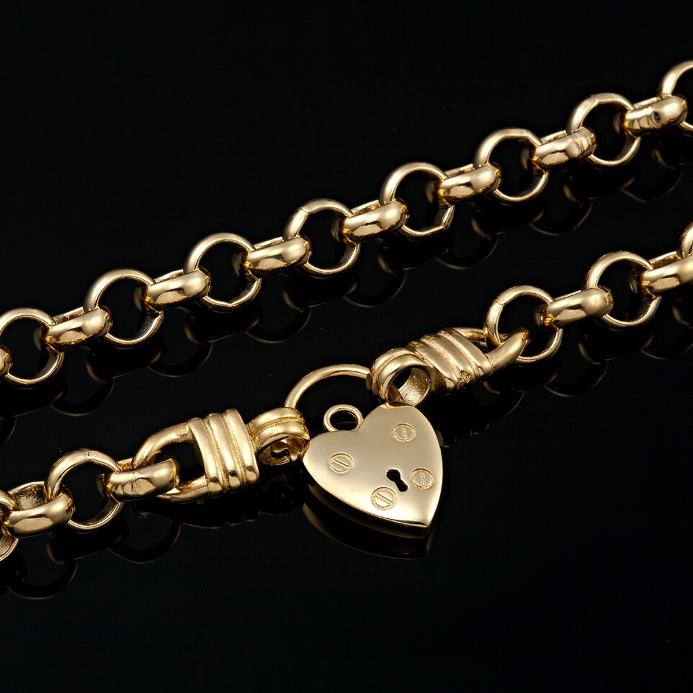 18K GL Thick Solid Rolo Yellow Gold Chain Necklace Classic Keyhole Heart Padlock