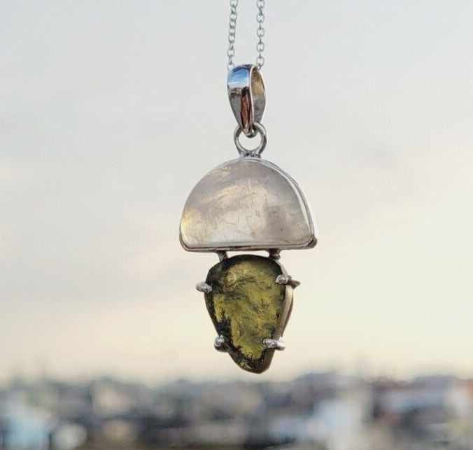 Moldavite & Rainbow Moonstone 925 Silver Pendant Handmade Multi Stones Pendant