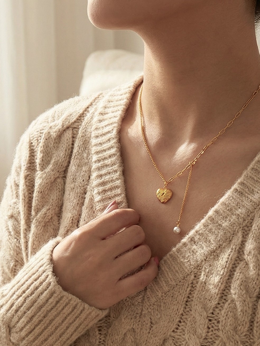 18K Gold Plated Stainless Steel Heart Pendant Faux Pearl Drop Necklace