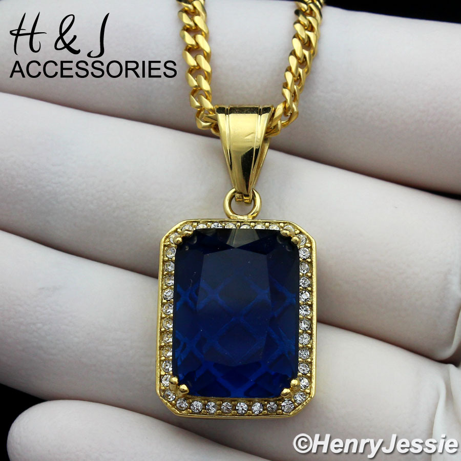18-36″Stainless Steel 3mm Gold Plated Curb Chain Blue Rhinstone Pendant*AGP98