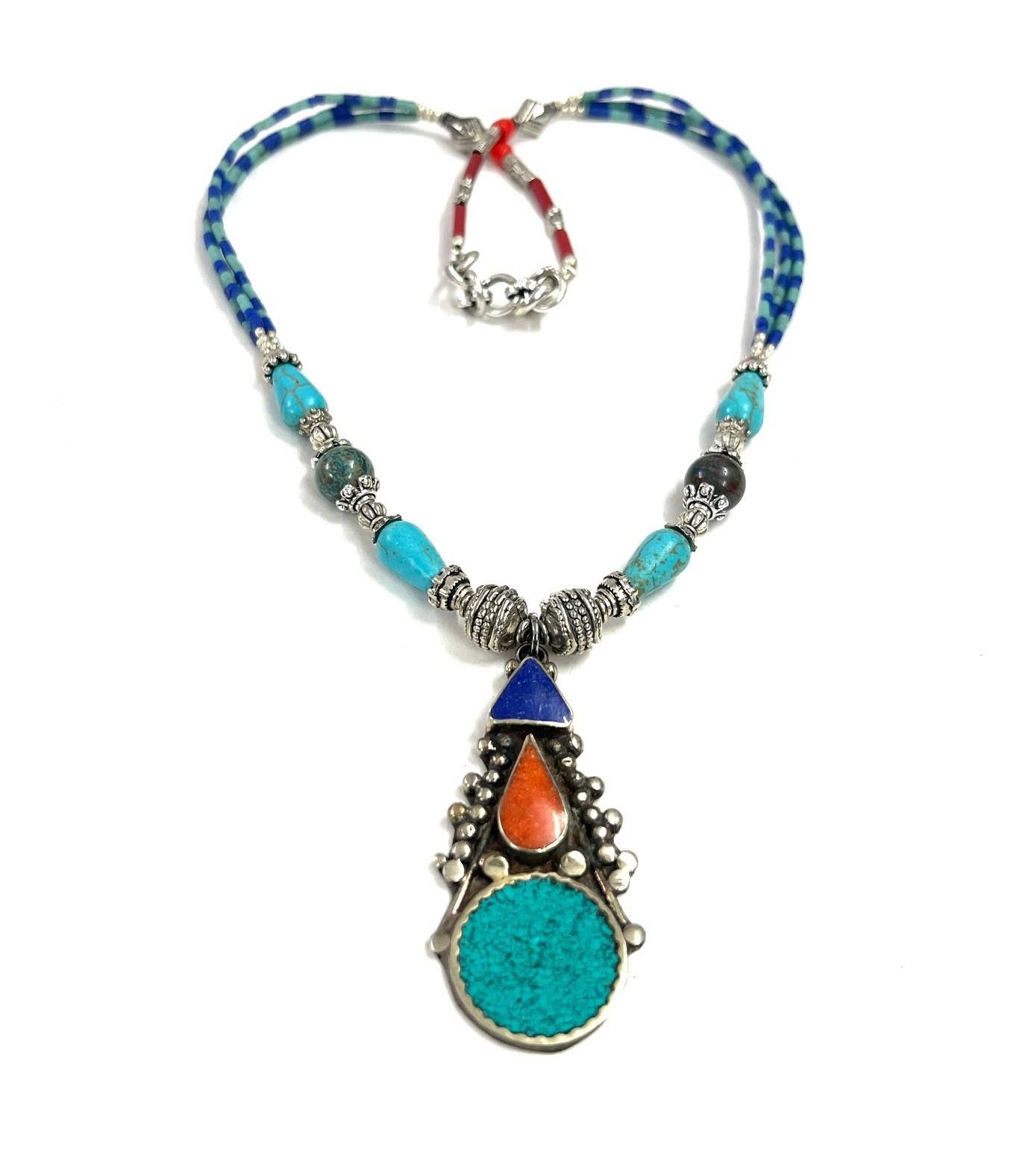 Tibetan Turquoise Lapis Gemstone Handmade Necklace Jewelry, 17 Inch Adjs