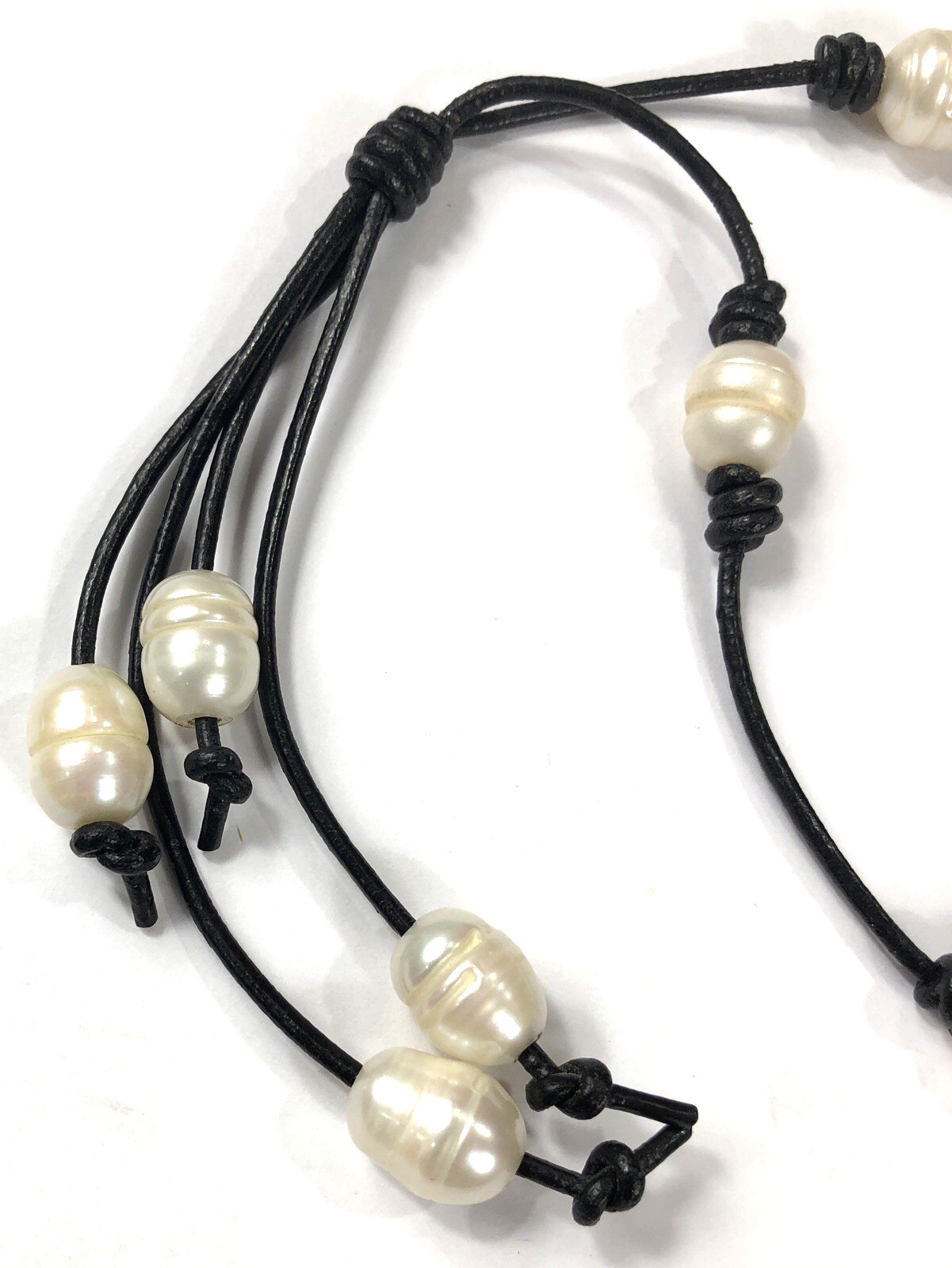 Baroque Pearl Necklace Leather Cord Station Tassel – 26 inch Length