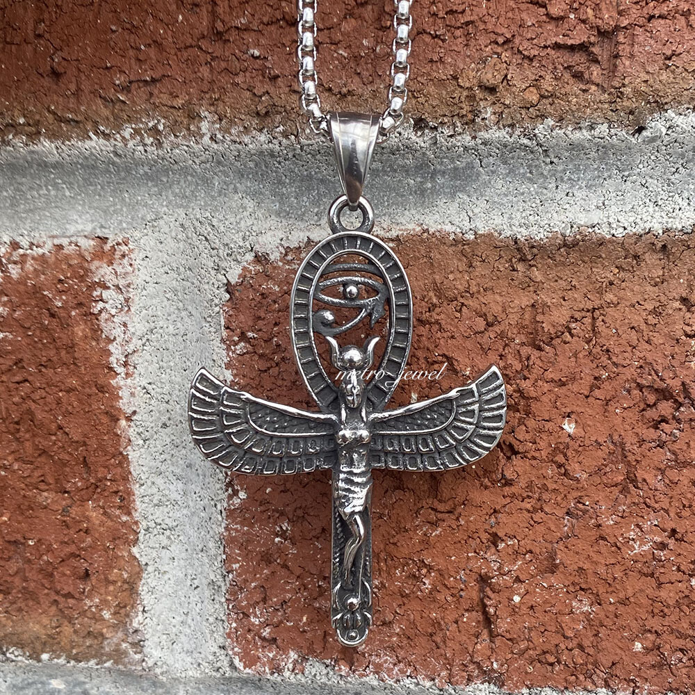 Stainless Steel Womens Egyptian ISIS Ankh Cross Eye of Horus Pendant Necklace