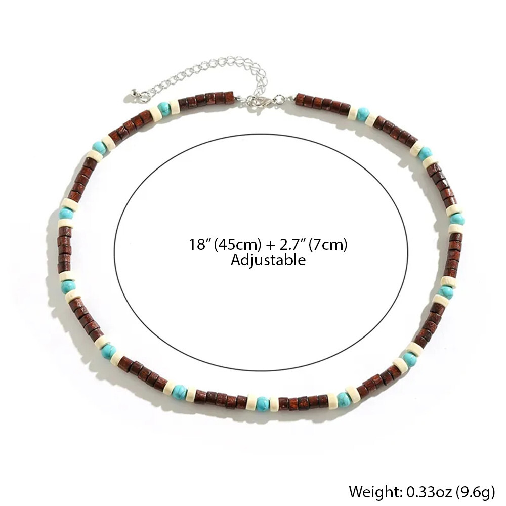 Bohemian Surfer Necklace For Men – Wood & Turquoise Beads, Adjustable 18″+2.7″