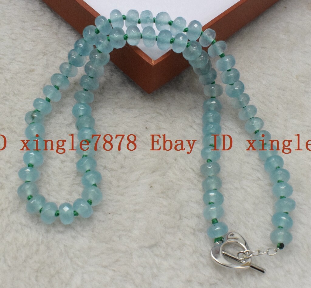 Pretty 5x8mm Faceted Blue Aquamarine Rondelle Gemstone Beads Necklace 20” AAA+