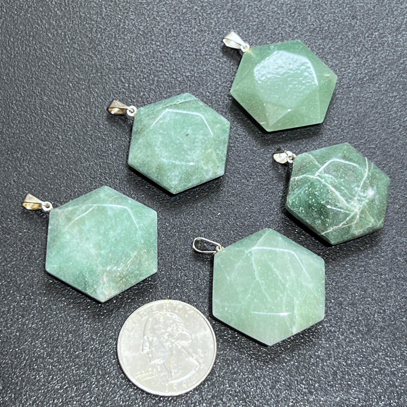 Green Aventurine Hexagon Faceted Crystal Pendant (Silver Bail) Jewelry Beads