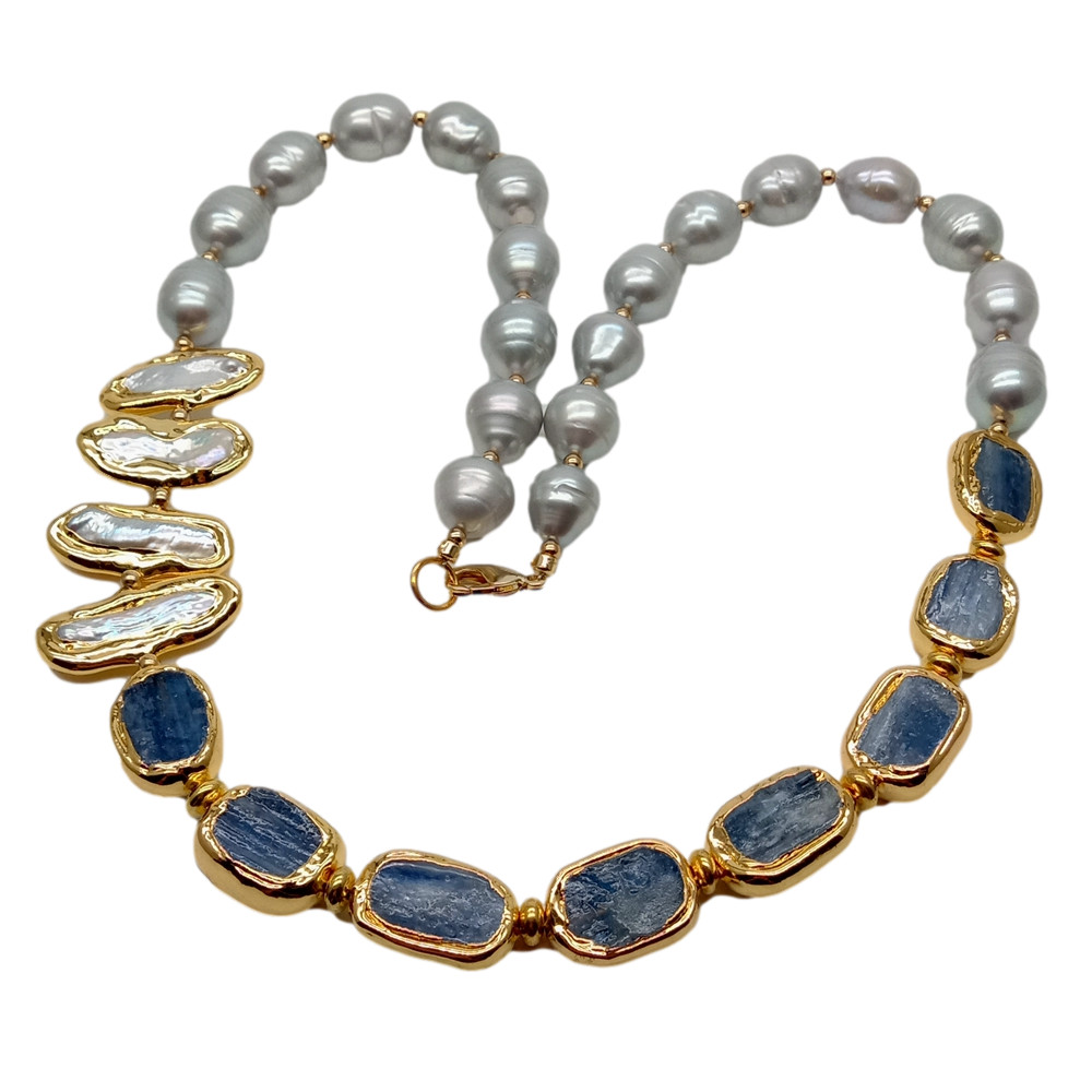Freshwater Cultured Gray Rice Pearl White Biwa Pearl Blue Kyanite Necklace 23″