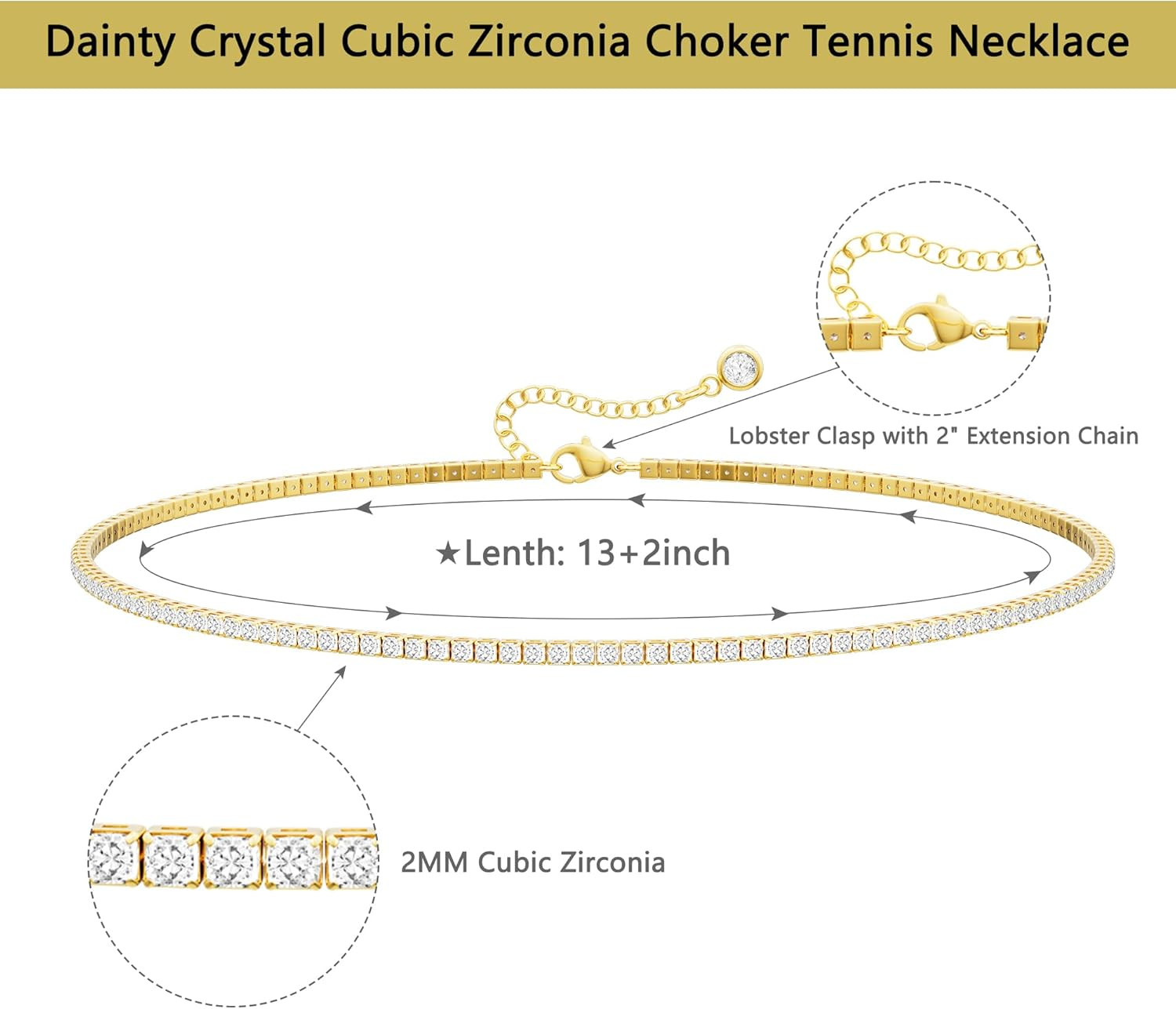14K Gold Tennis Necklace Women’s CZ Sterling Silver Dainty Rhinestone Chain Gift