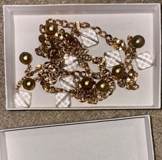 CHICO’S 18 INCH LONG GOLD COLORED BALLS AND COLORLESS STONE STATEMENT NECKLACE